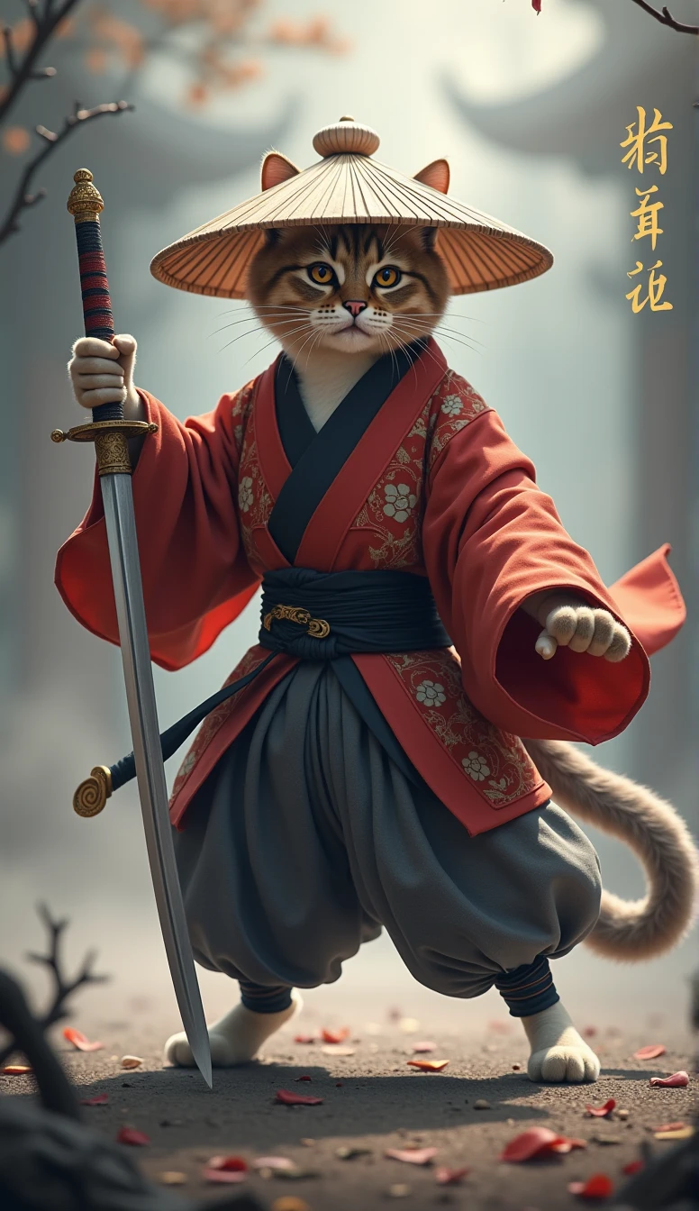 Create an image of a cat standing upright in traditional East Asian attire, wearing a wide bamboo hat on the head, wielding a sword with its right paw extended forward in an assertive stance ( running posture ), set against a misty backdrop to convey an atmosphere of ancient martial arts mastery.