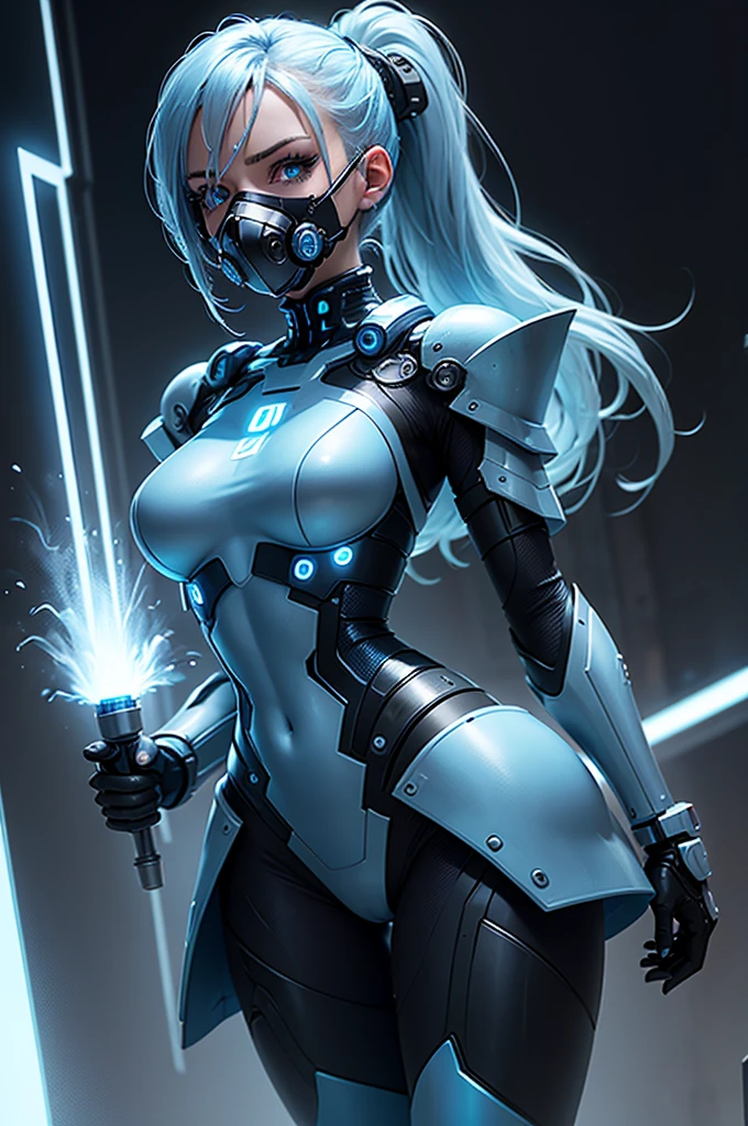Woman body defined thick thighs cybernetic body parts, short underwear, cyborg warrior girl flat horizon photo, Girl android , she has long light blue hair, hair tied up in a ponytail, she has a mask on her face, a respirator, a woman with sexy hips, incredibly beautiful blue eyes and a gas mask on her face, half cyborg, technological modifications. Cool girl, Beautiful face, pretty face, look at the camera, blue metal cybernetic android robot body, Large, wide hips, suit with blue indicator lines with many blue details, blue colour corset, blue glowing lines on clothing details, realistic face with detailed elaboration, long eyelashes and expressive blue eyes, cybernetic armor with a blue glow from under the joints and joints, she has blue eyes , frame with a flat horizon, Anime Style design, blue Lasers, blue smoke fountain on background Cyberpunk style, high image detail, 4k quality, the camera films Her from below, lower angle of photography, black background image of a night black city and blue neon lights, blue lamps, blue lighting, blue flashes IN THE BACKGROUND are the blue lights