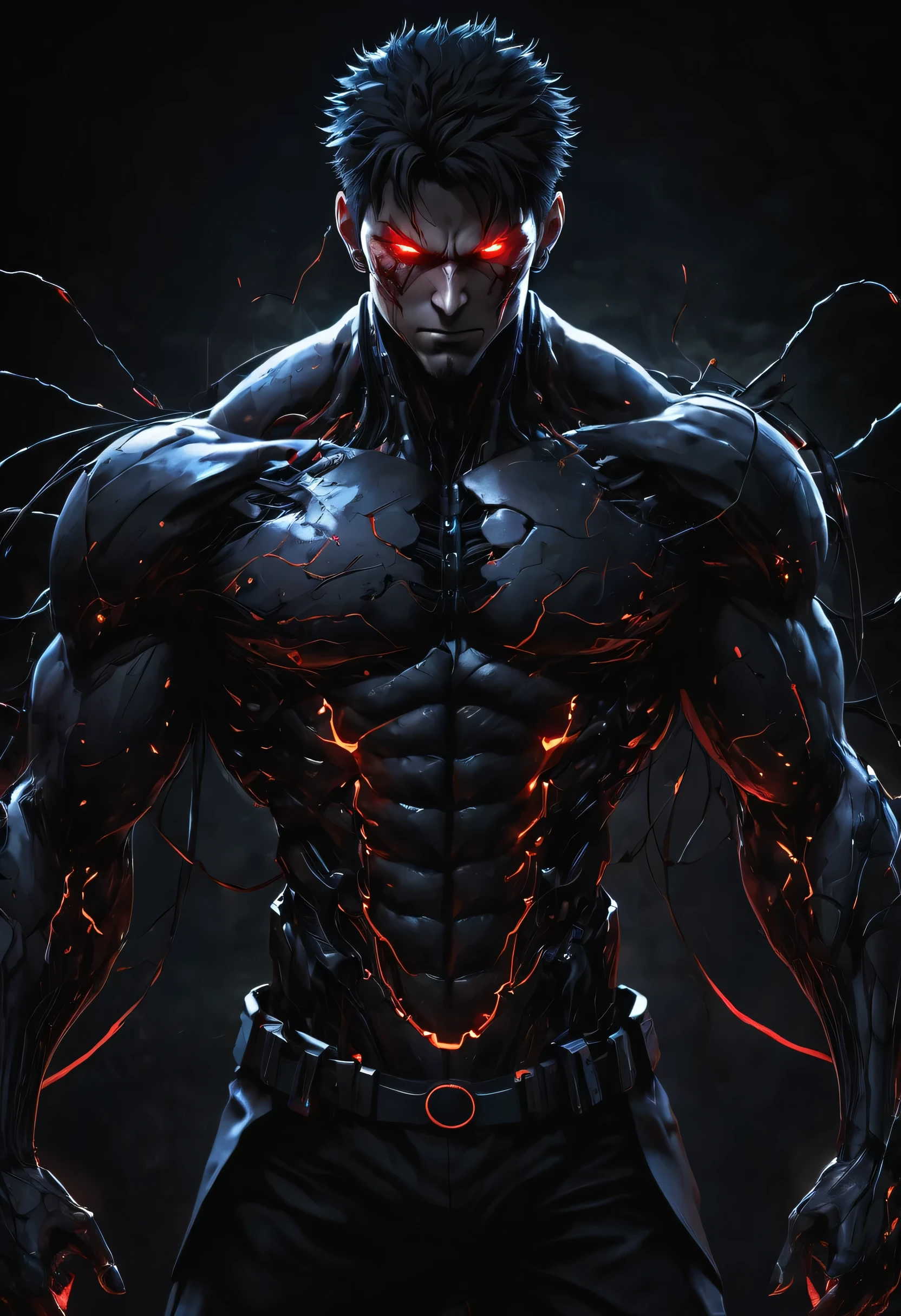 full body shot, anime man with a dark and brooding demeanor, with glowing red eyes and a malicious grin, powerful computer system with visible electric currents flowing through his body, while ominous shadows surround him, (sinister:1.2), (dark and moody lighting), (ominous atmosphere), (contrast between light and darkness)