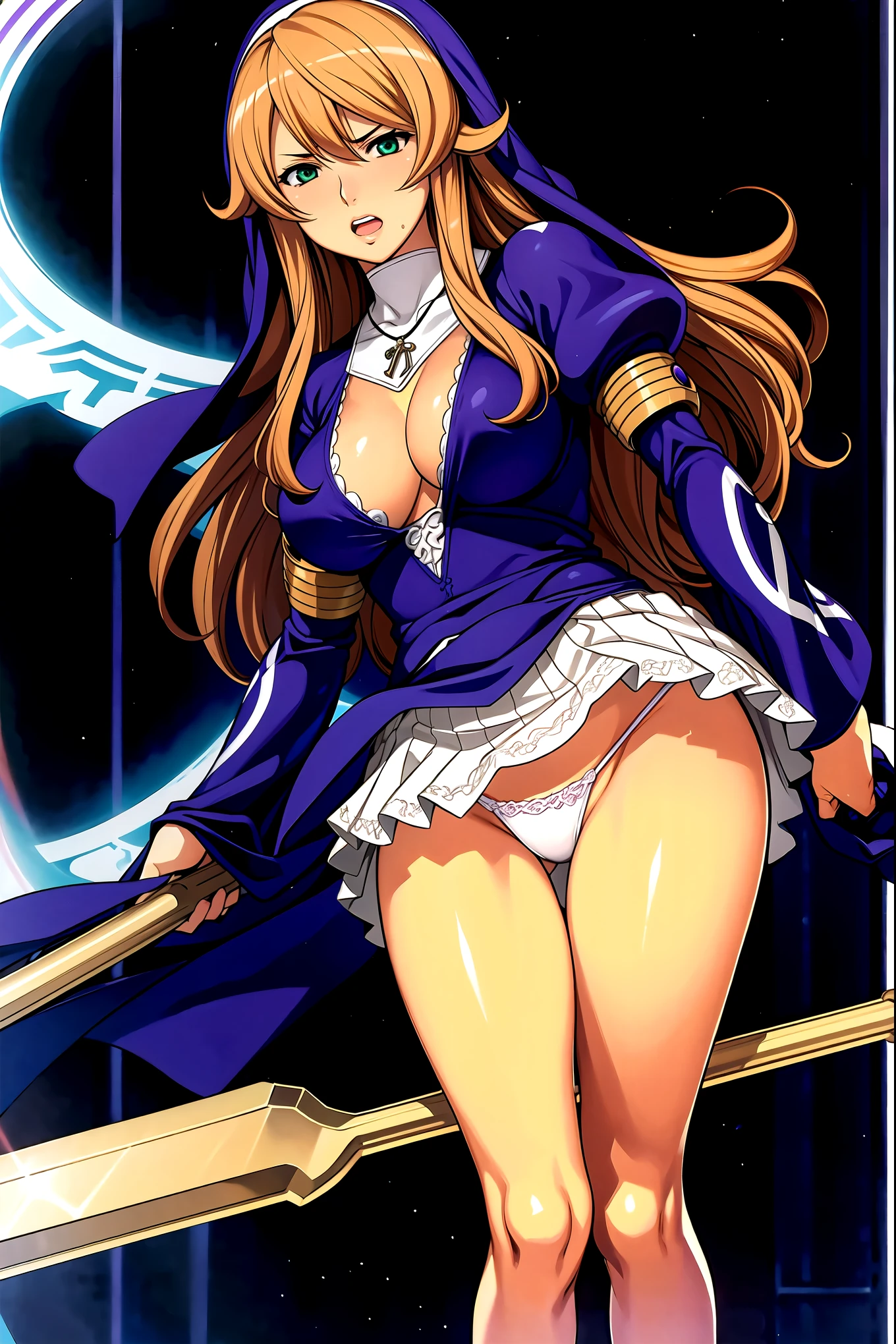 sigui \(queens blade r\), nun, 20yo,young female, brown long hair, bangs, green eyes, purple cape on her head, purple outfit, cleavage cutout, cleavage,[bare breasts,elect nipples], puffy sleeves, jewelry, necklace,perfect lighting,(skirt lift,upskirt),[tucking up the skirt],(white panties),embarrassed,  break background church