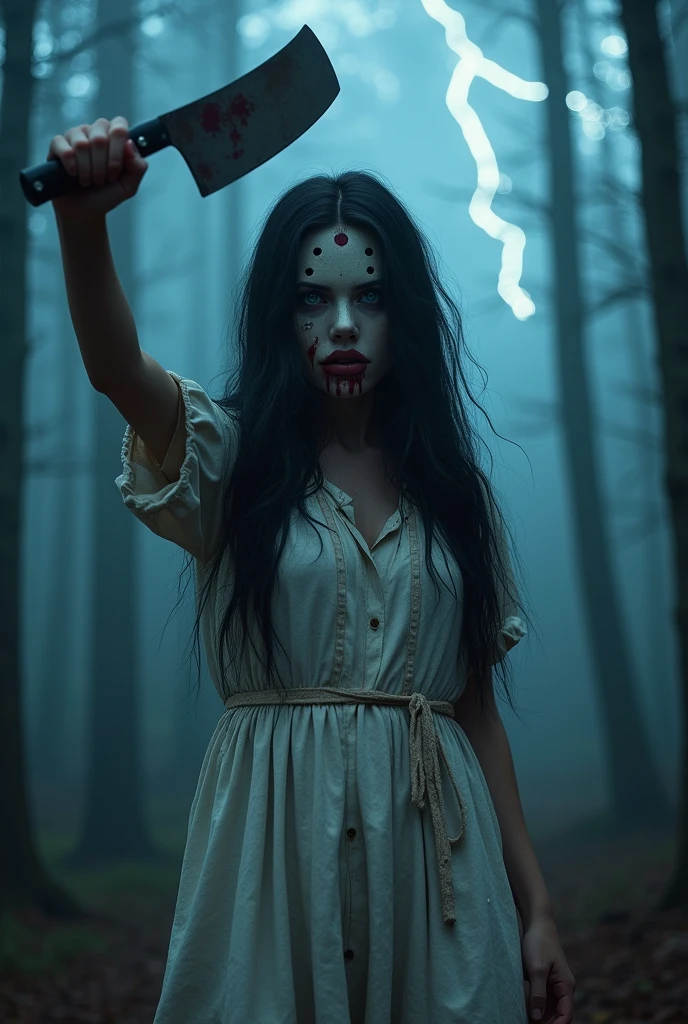 A girl wearing a hockey mask with a machete, piercing blue eyes, bloodied lips, and a sinister smile, surrounded by a dark and eerie forest. She is dressed in a tattered and dirty white dress, with long, tangled black hair covering half of her face. The scene is set during a stormy night, with thunder and lightning illuminating the scene. The girl stands in a haunting pose, holding the machete in one hand and raising it high in the air. The atmosphere is filled with suspense and fear, as if she is about to strike her next victim.

The artwork should be created in a hyper-realistic style, using high-resolution techniques to capture every detail of the girl's face, dress, and the surrounding forest. The colors should be desaturated, with a cold and gloomy tone, enhancing the horror theme. Studio lighting should be used to add depth and highlight the details of the girl's face and the forest. The overall image quality should be of the highest standard, producing a 4K or 8K masterpiece that showcases extreme detail and realism.

In summary, the prompt should include the following tags: 
- female Jason Voorhees
- hockey mask
- machete
- piercing blue eyes
- bloodied lips
- sinister smile
- dark and eerie forest
- tattered and dirty white dress
- long tangled black hair
- stormy night
- thunder and lightning
- haunting pose
- suspense
- fear
- hyper-realistic style
- high-resolution techniques
- desaturated colors
- cold and gloomy tone
- studio lighting
- 4K or 8K quality
- extreme detail and realism

Remember to arrange the tags in order of importance and separate them with commas.