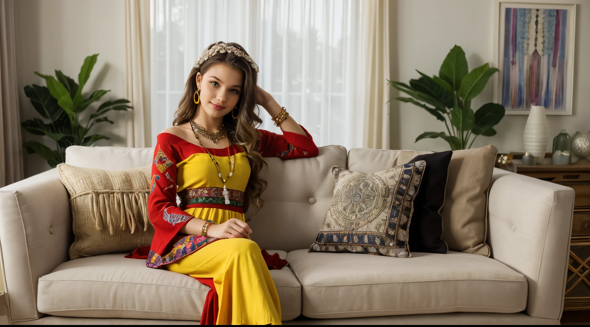 1girl, close-up shot, tantalizing, Bohemian gypsy fashion, vibrant and eclectic clothing, flowing skirts, patterned fabrics, layered accessories, colorful scarves, beaded jewelry, statement necklaces, bracelets, long wavy hair, free-spirited vibe, intricate details, artistic pose, enchanting atmosphere, boho chic, (15yo, cute:1.4), (breasts:1.2), Bohemian gypsy interior style, eclectic decor, (red and yellow colors theme:1.2), vibrant colors, patterned textiles, cozy seating, layered rugs, vintage furniture, macramé wall hangings, dreamcatchers, beaded curtains, mismatched cushions, plants and greenery, natural materials, fairy lights, lanterns, handcrafted items, artistic ambiance, detailed textures, free-spirited atmosphere, warm and inviting, high-quality rendering,