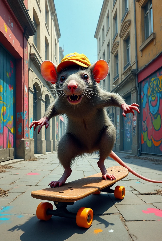 An ugly drug-addicted rat wearing a hippie cap skateboarding at the Paris Olympics street art