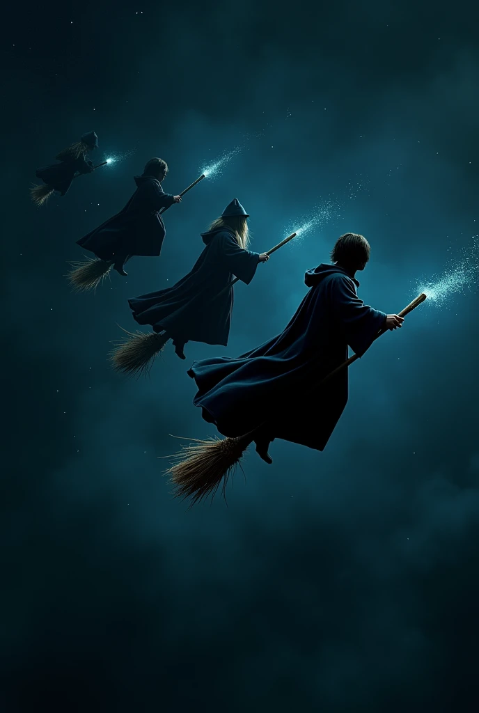 Harry Potter wizards flying on broomsticks in the dark sky 