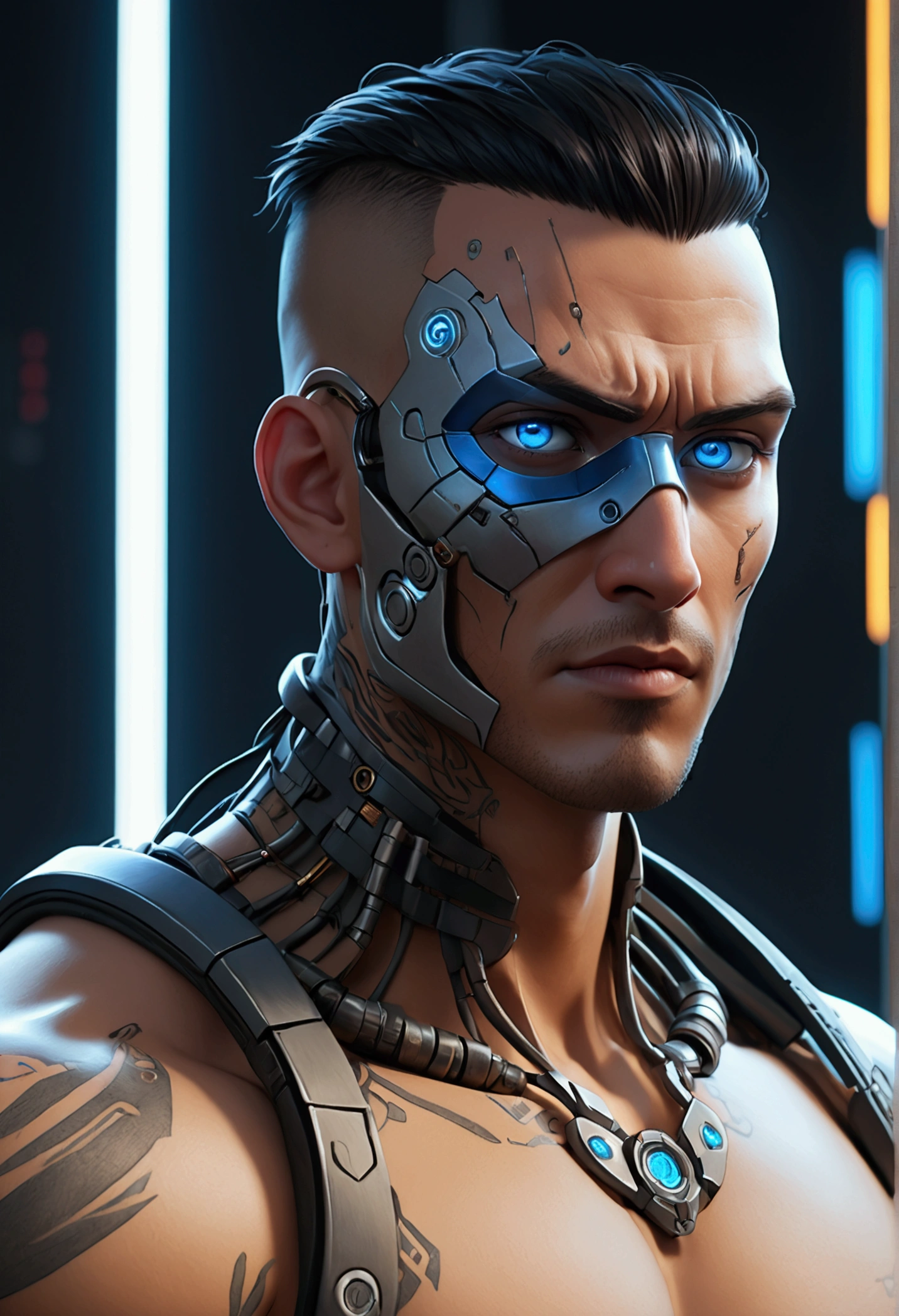(best quality, Art, animation styling, Full of details), Upper body cut of a man with an Indian warrior feel, A man with a thick facial bone structure, A man with a thick neck and developed trapezius muscles, official anime art illustration, White person with blue eyes, Cartoon of a man wearing a mask on his face, protruding eyes, semi-realistic cyberpunk style, Portrait of a cyberpunk man, cyberpunk art ultrarealistic 8k, cyberpunk style , hyper realist, cyberpunk character, Trends in ArtStation, Complete movie character, Trends in ArtStation 4k, Cyberpunk Cyborg Upper Body, Realistic upper body like a movie, A perfectly realistic cyberpunk hero., inc썩음ibly detailed, 8k, Ultra HD, Art, best quality, very detailed, convoluted, Expressing the upper body, Show me your waist, Cyborg, a machine-to-human ratio, Chest area full of visible machine parts, Machine parts for abs too, All below the neck is mechanical, Attaching machine parts to the face, Strong light emission on waist belt, A brightly lit city background, dark colored machine
