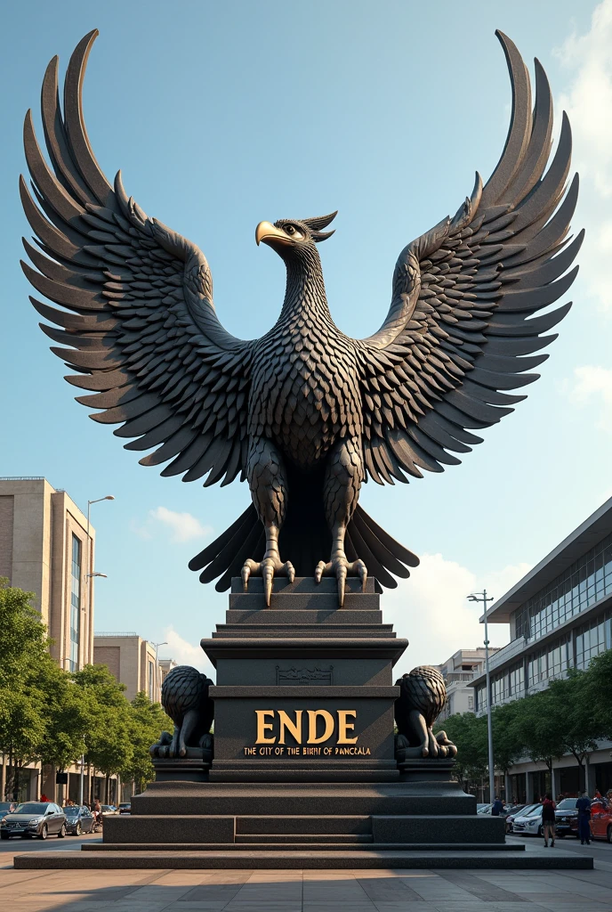 In the town square there is a statue of the Garuda bird, the symbol of Indonesia, below which is written
"ENDE THE CITY OF THE BIRTH OF PANCASILA" very realistic, detailed. 18K full color, hyperrealistic, 18k, HDR, HD, 4D, super sharp lens Mirolles Nikon D85
