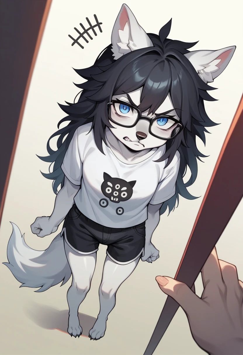 score_9,score_8_up,score_7_up, a young Anthro furry wolf woman, white furry body, tall, long black messy hair, white wolf tail, white fox ears, hair covering one eye, long bangs, long black hair, blue eyes, black glasses, small breasts, white wolf tail, naked, wearing only thigh high socks, pouting, she is lying flat on her stomach, sex, pov sex, she is getting fucked from behind by viewer, groundhog sex position, viewer is spreading her ass cheeks