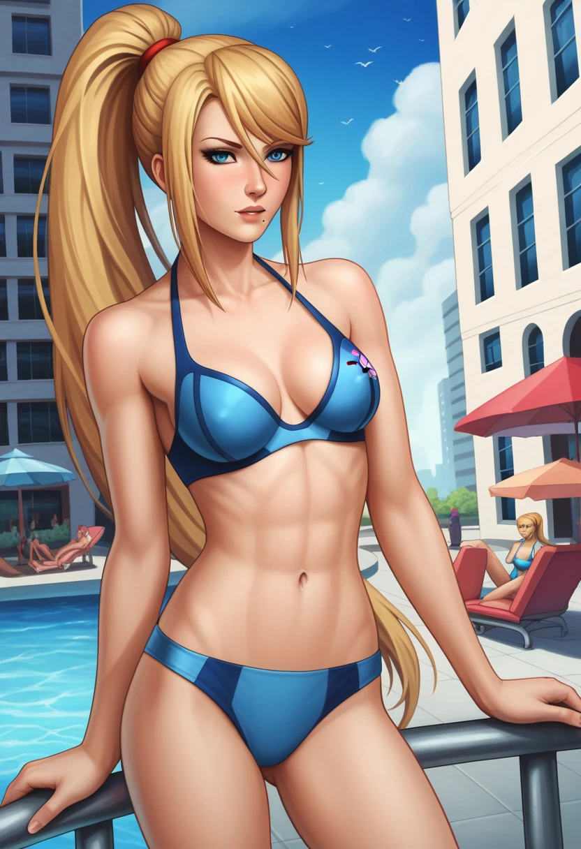 Cowboy shot, Samus, 1980s \(style of\), 1girl, blond hair, hair in long ponytail, retro artstyle, very long hair, blue bikini, slim waist, slim hips, athletic, cleavage, night city background