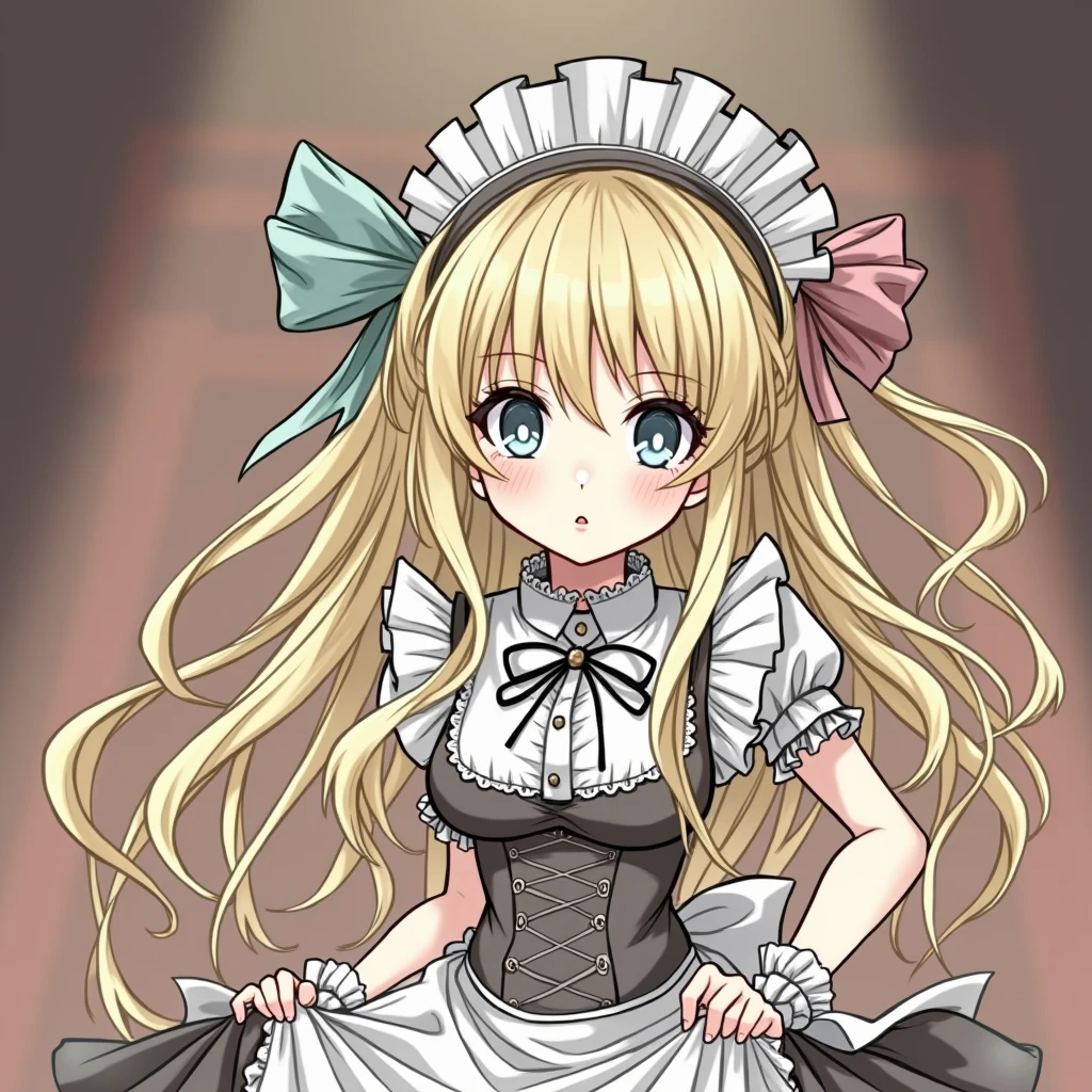 1girl, blonde hair, long hair, blue eyes, lolita fashion, gothic lolita, apron, dress, undressing, lifted by self, panties, panty pull, unreal engine, anime style, highly detailed, photorealistic, 8k, hyper detailed, intricate detail, dramatic lighting, dramatic colors, chiaroscuro, cinematic composition, volumetric lighting, volumetric fog, studio lighting, cinematic render, beautiful detailed eyes, beautiful detailed lips, extremely detailed face and eyes, long eyelashes