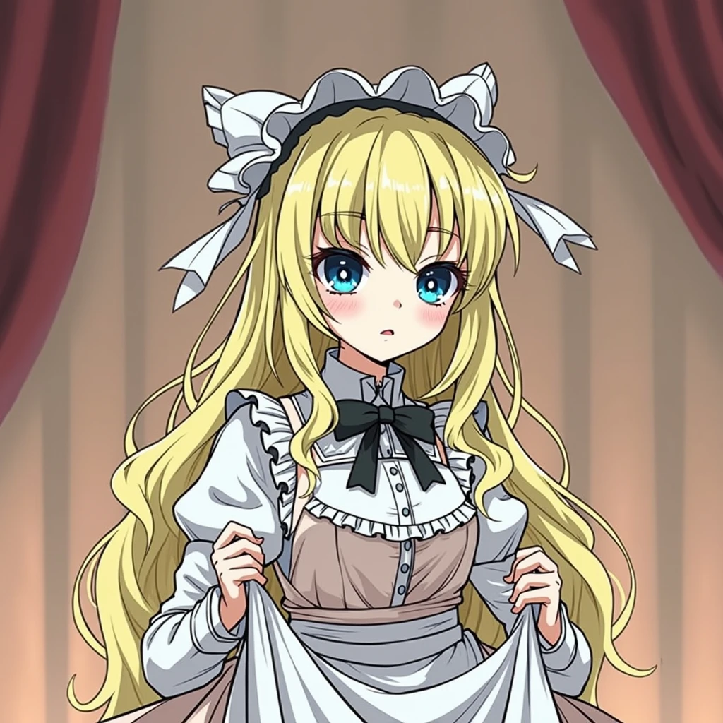 1girl, blonde hair, long hair, blue eyes, lolita fashion, gothic lolita, apron, dress, undressing, lifted by self, panties, panty pull, unreal engine, anime style, highly detailed, photorealistic, 8k, hyper detailed, intricate detail, dramatic lighting, dramatic colors, chiaroscuro, cinematic composition, volumetric lighting, volumetric fog, studio lighting, cinematic render, beautiful detailed eyes, beautiful detailed lips, extremely detailed face and eyes, long eyelashes