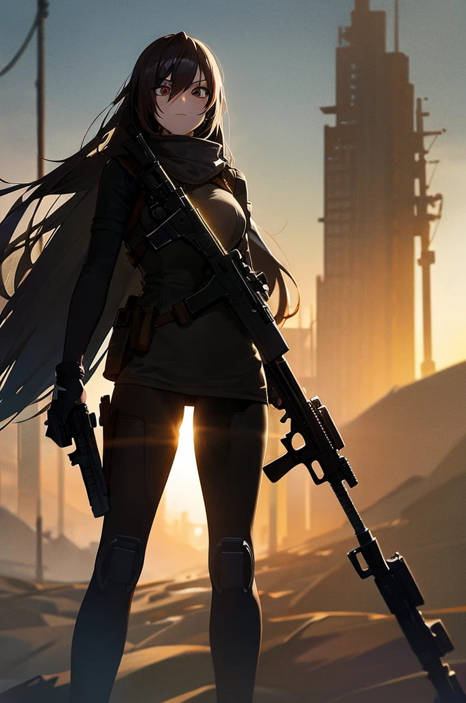 In the spotlight, holding_gun, assault_rifle, Very detailed, Brown Hair, Long Hair, Anime Style, whole body, alone, Stylish Gunfighter Girl, Holding a steampunk long barrel pistol,Standing in the wasteland, 8K high resolution, White Background, The background is a dark and desolate landscape, Horror movie atmosphere. Her figure is very beautiful, Emphasizing the dark and crazy elements. Skillfully expressing the effects of light and shadow, Anime girls with guns and rifles, from Girls' Frontline, mechanized soldier girl, Girls' Frontline style
