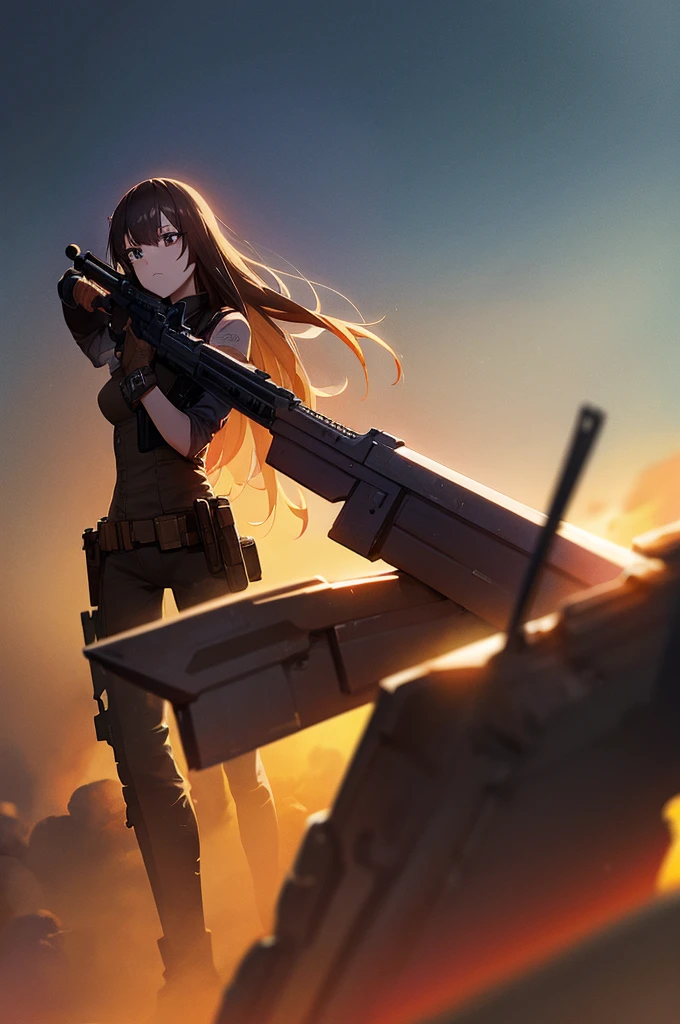 In the spotlight, holding_gun, assault_rifle, Very detailed, Brown Hair, Long Hair, Anime Style, whole body, alone, Stylish Gunfighter Girl, Holding a steampunk long barrel pistol,Standing in the wasteland, 8K high resolution, White Background, The background is a dark and desolate landscape, Horror movie atmosphere. Her figure is very beautiful, Emphasizing the dark and crazy elements. Skillfully expressing the effects of light and shadow, Anime girls with guns and rifles, from Girls' Frontline, mechanized soldier girl, Girls' Frontline style