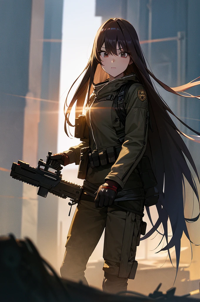 In the spotlight, holding_gun, assault_rifle, Very detailed, Brown Hair, Long Hair, Anime Style, whole body, alone, Stylish Gunfighter Girl, Holding a steampunk long barrel pistol,Standing in the wasteland, 8K high resolution, White Background, The background is a dark and desolate landscape, Horror movie atmosphere. Her figure is very beautiful, Emphasizing the dark and crazy elements. Skillfully expressing the effects of light and shadow, Anime girls with guns and rifles, from Girls&#39; Frontline, mechanized soldier girl, Girls&#39; Frontline style