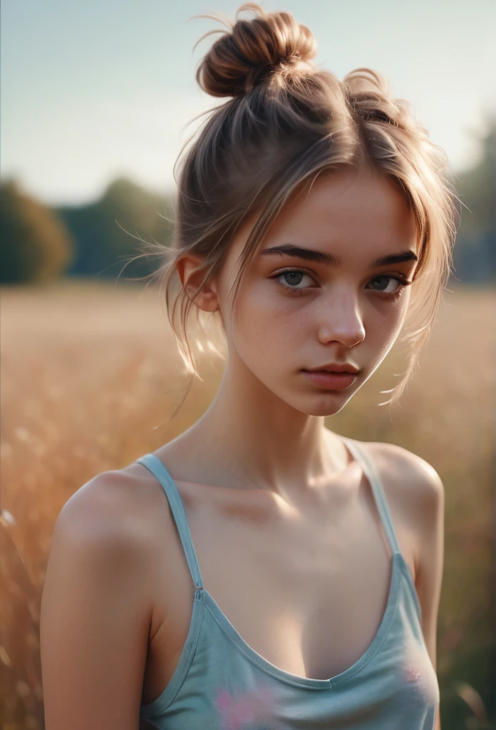(Cinematic photo: 1.3) From (really: 1.3), (comfortable: 1.3) Beautiful 18 year old girl, (difficult messy bun of light brown hair), высокодеталFromированная текстура кожи, skinny shoulders, realistic texture кожи, looks straight into the camera, (looks at the viewer), pout, pastel, Shine, Dramatic, Dreamy, pastelный цветочный сад, Thin, skinny, gentle, Высокая деталFromация, difficult, digital painting, Fantasy theme,skinny , bare belly, Fantasy concept art , Fantasy Characters, Beautiful teenage girl, Perfect body, highly detailed full-length shot, Dreamy, pastel, watercolor, strange, gentle, highly detailed texture, realistic texture, digital painting, высокодеталFromированная фотография (art deco: 1.3), (ФотореалFromм: 1.3), (Классический реалFromм: 1.3), (Fujifilm Superia: 1.3), Natural, golden hour light
