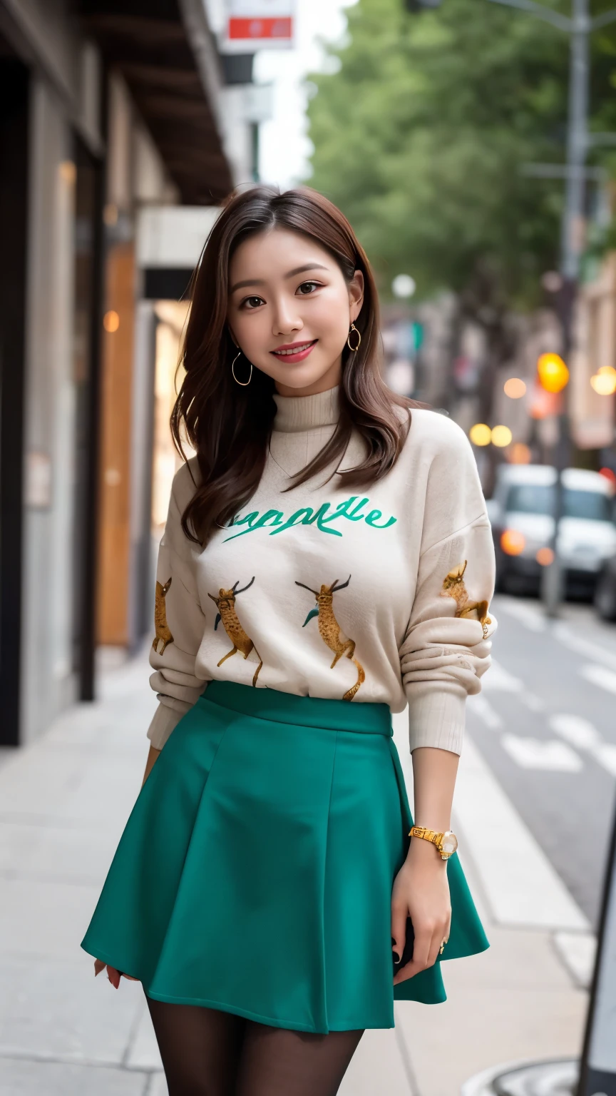 A woman wearing giraffe-print pantyhose、Wearing a dress、Skirt and giraffe print pantyhose、