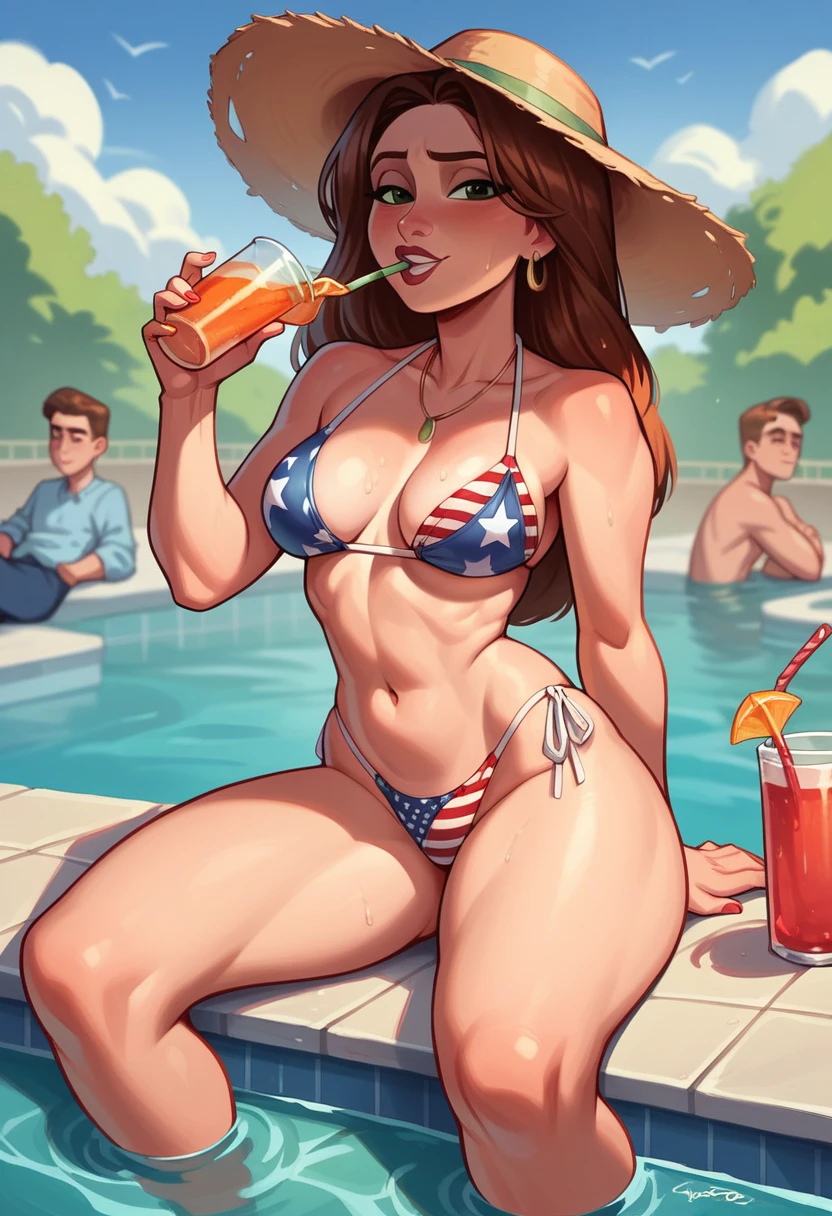 Big Hero's Aunt Cass, dressed in a small American flag bikini, drinking an alcoholic beverage, and wandering around the public pool looking for a stud, horny poses