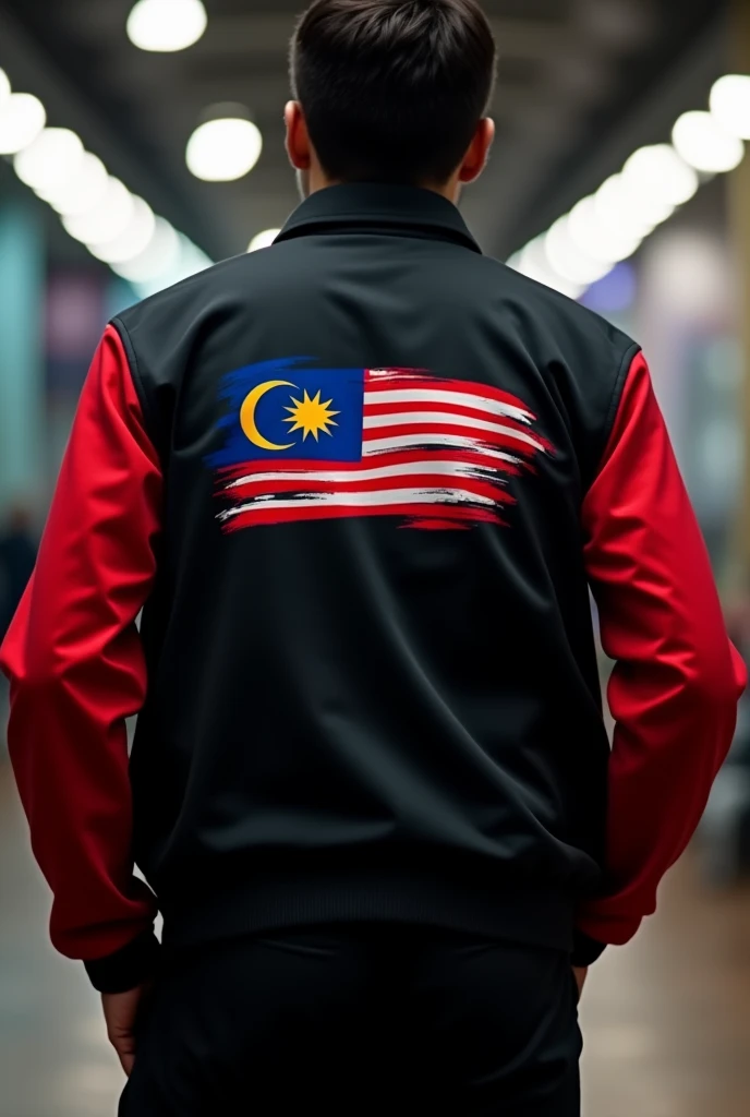 Jacket. Black body red arm. Malaysia logo abstract flag. The logo is Malaysia flag color. The logo is on back of right shoulder