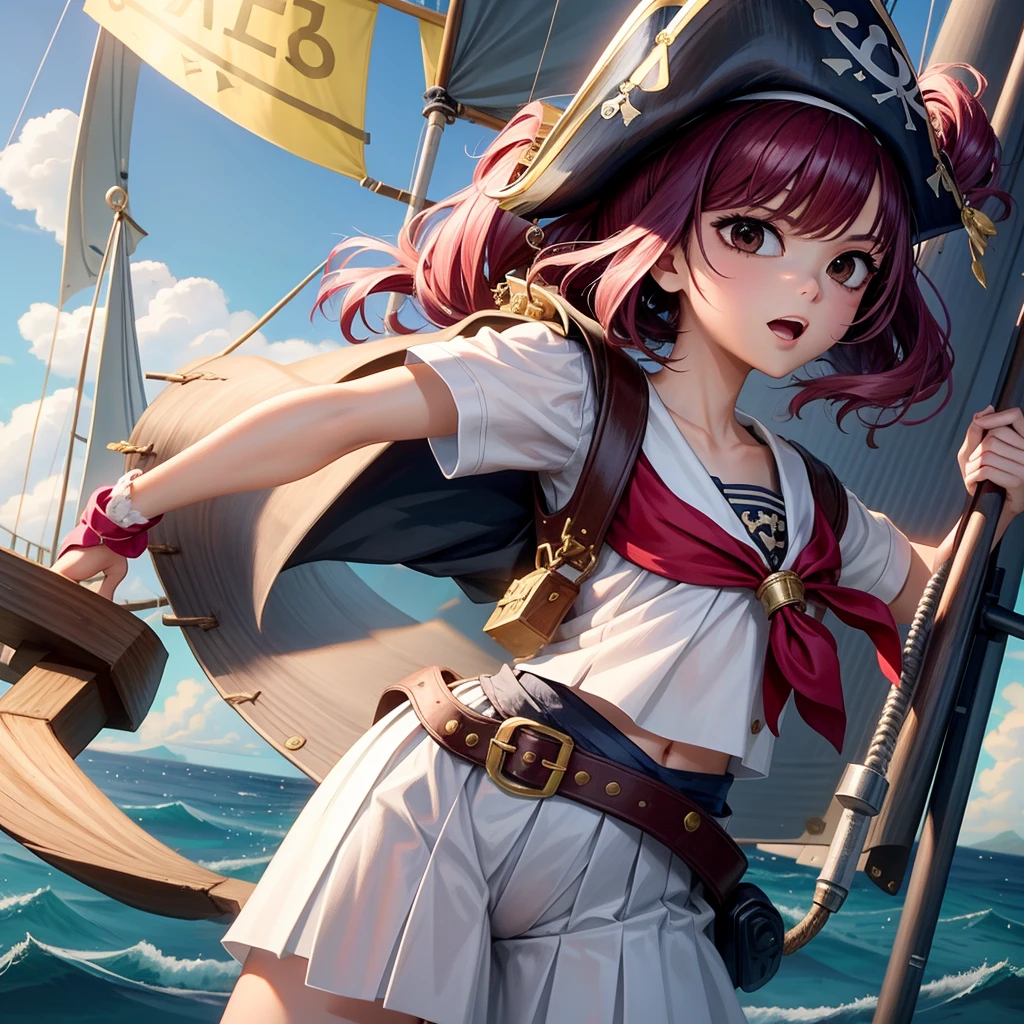 One Girl(8age), pirate, Highest quality、Cinema Lighting、Sailor suit、Long skirt、 sailboat(Galleon)On the mast、White panties,