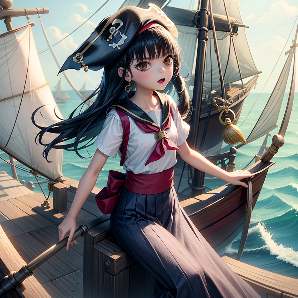 One Girl（８Year）, pirate, Highest quality、Cinema Lighting、Sailor suit、Long skirt、 On the mast of a galleon、White panties,