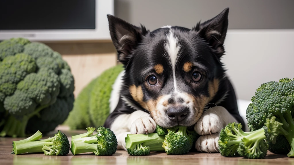 puppy eating broccoli