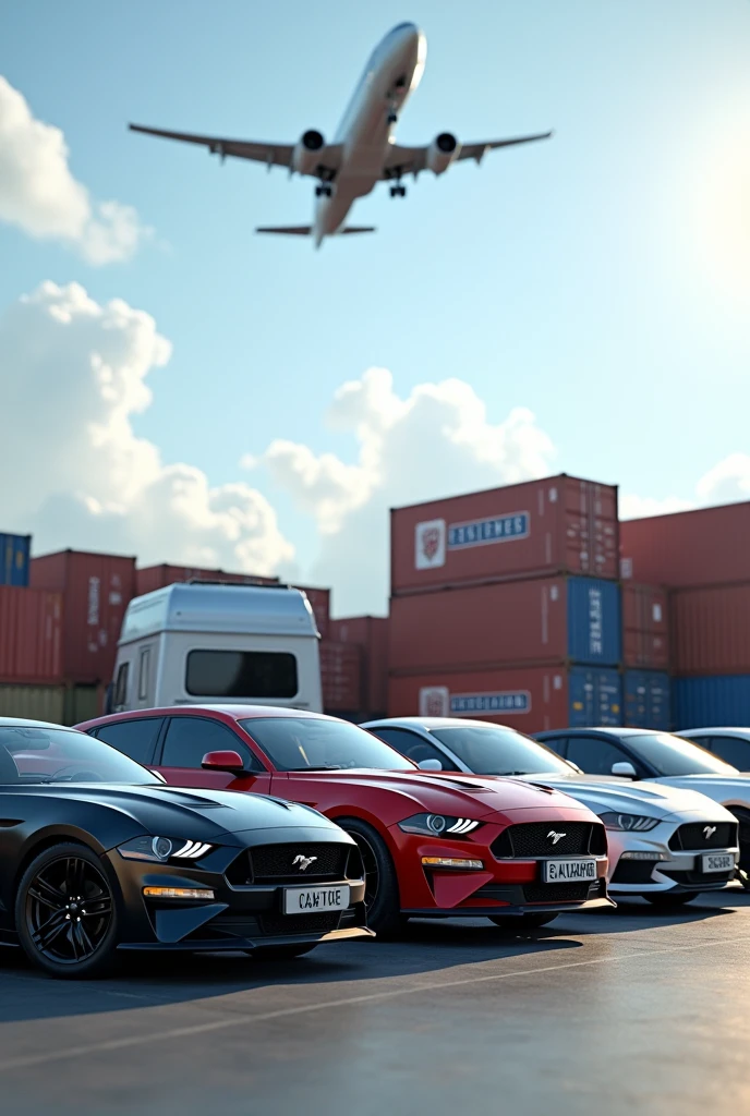 Hyper realistic image of five different type of cars parked side by side zoomed out ground level, cargo shipment behind them and one plane flying overhead