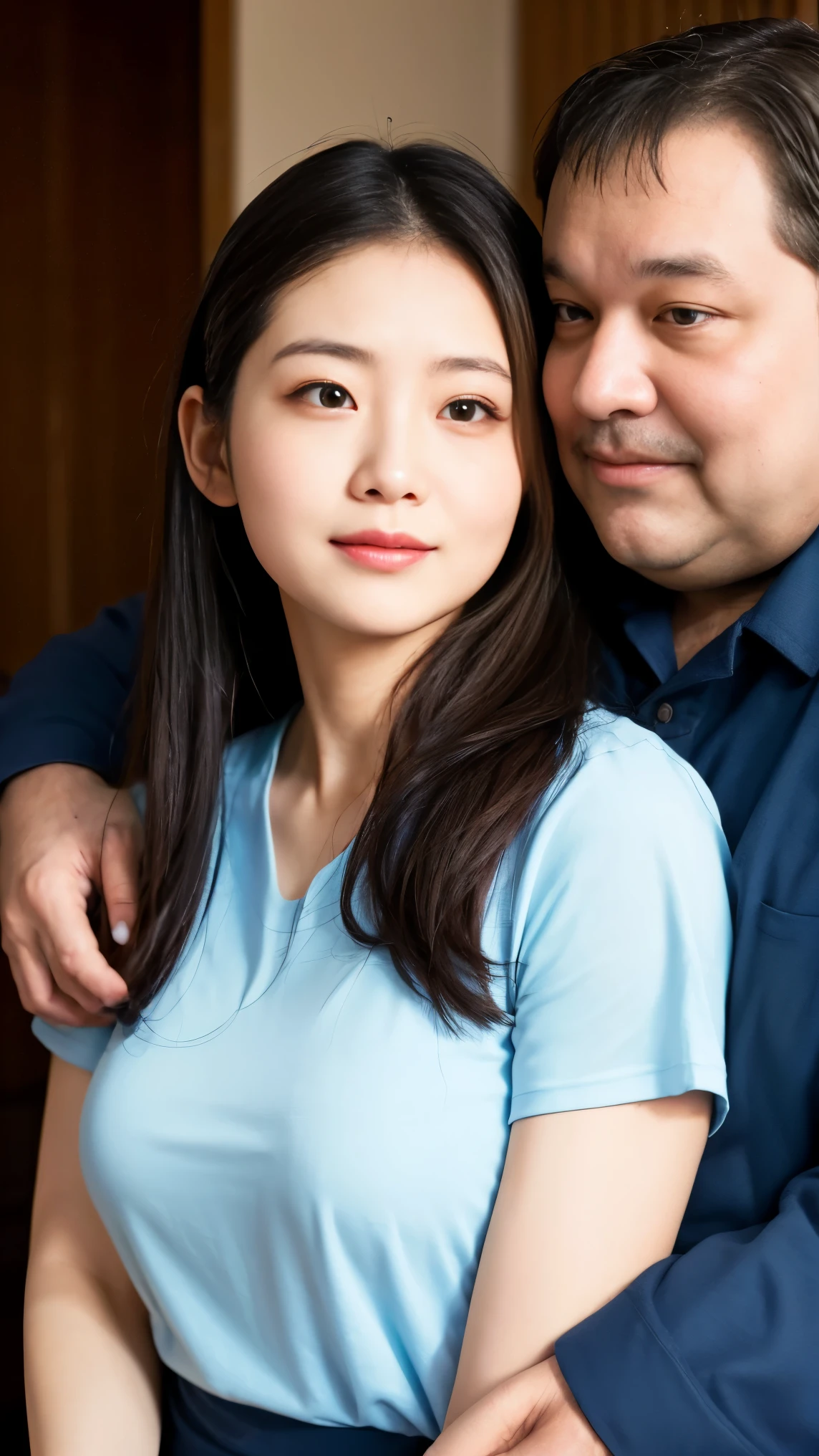 Highest quality、4k quality、A Japanese woman in a blouse is being hugged by a fat middle-aged man、Small face、18-year-old、The woman has large breasts、(A middle-aged man is massaging a woman's breasts)、Shoulder-baring outfit、Open your mouth(1.6)