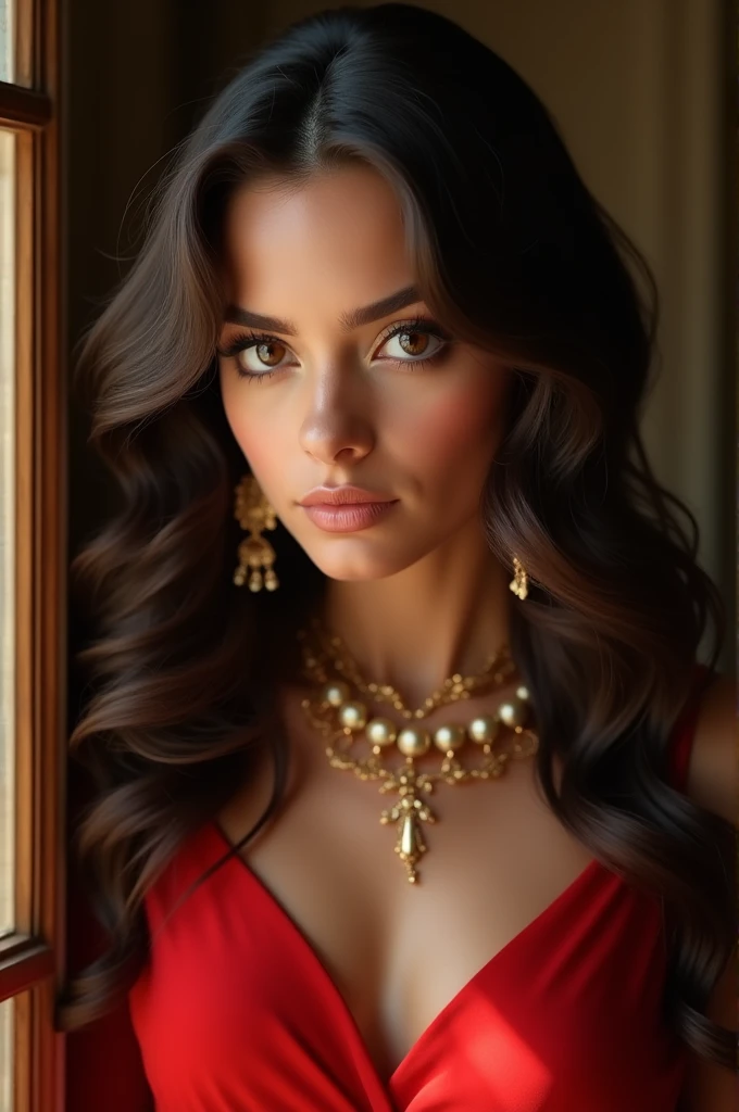 A beautiful Italian girl with dark brown eyes, 26 ans, almond eyes, oval face shape, wavy hair, 170cm, 65 kg, very detailed face, detailed skin texture, elegant poses, red dress, Gold jewelry, natural lighting, dramatic shadows, warm color palette, portrait, realistic, photorealistic, 8k, head of&#39;artwork