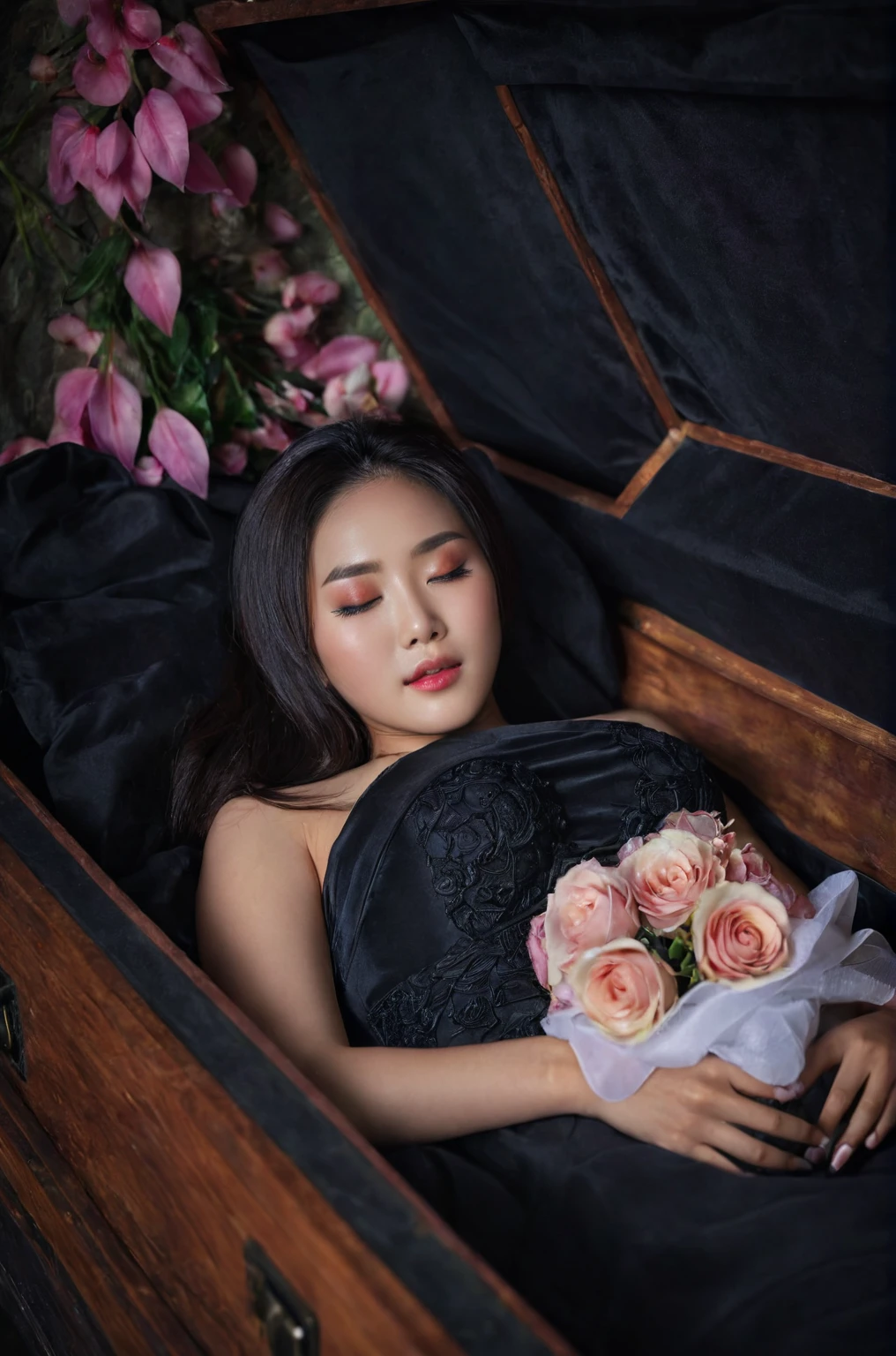 In a striking 8K HDR scene, a stunning Korean woman, 22 years old, lies peacefully in a coffin and coffin cover surrounded by plush pillows behind head. The deep box is set against a rich black background, accentuating the beauty of the subject. Her exquisite deep-V neckline kebaya attire is embroidered with superb detail, showcasing her round and firm breasts, perfect cleavage, and beautiful eyebrows. Her closed eyes and mouth give an air of serenity, while her visible and absolute cleavage leave nothing to imagination. The scene is bathed in saturated colors, highlighting every intricate aspect from the ball skirt to her clean face, straight body, detailed hand perfect hands, straight body, own hands together, own hand on stomach, detailed hands, perfect hands, holding the flowers, wearing high heels.