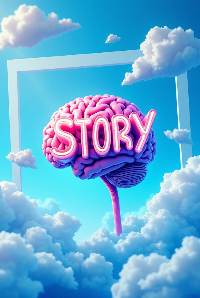 Please make a picture with the words "STORY Life Dan Random" themed with bright blue clouds in 4k mode, easy-to-read font, accompanied by a frame like Instagram with 40% opacity and a human brain background with 40% opacity.