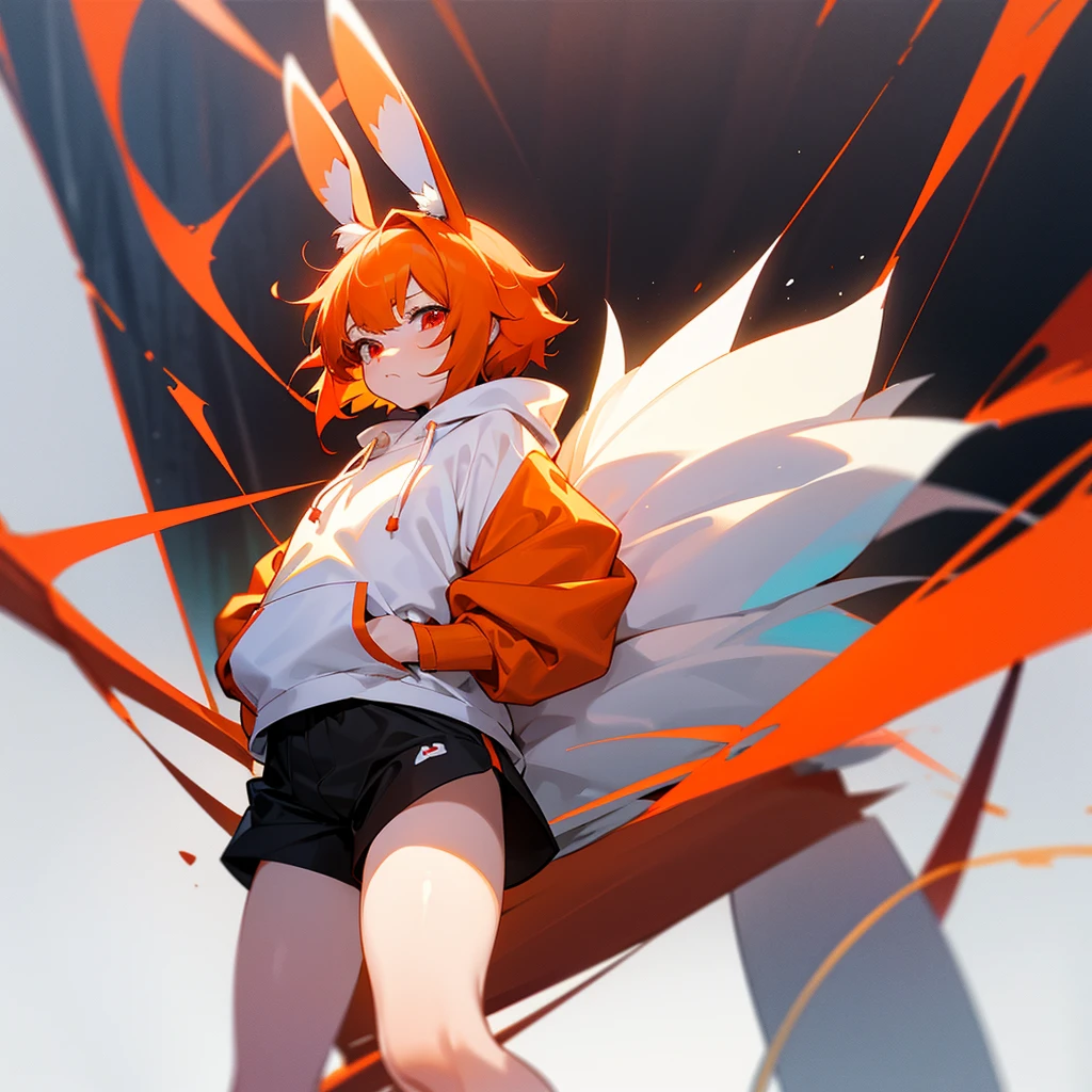 anime boy, short boy, , orange hair, red eyes small, cute, short hair, boy, small, long sleeve, hair with bangs, orange bunny ears, bunny tail
(I'm Lilo, 5'2, a short bunny boy)
(I wear an oversized white hoodie, black shorts and white leg warmers, oversized hoodies made me look shorter than I really was, I had ginger short, hair with big ginger bunny ears and a bunny tail, white skin and red eyes, I have an defensive, outgoing, sassy but also cynical personality and I have a cute appearance)
my bunny form, my fur was fluffy and ginger like my hair, and I had red eyes, and a very fluffy bunny ears and tail
background simple in a forest. Showing long bunny ears complete