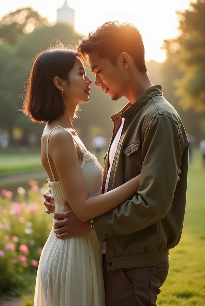 To capture the spirit of the image you've shared but set in Yamashita Park, I'll focus on these key elements: Natural and Intimate Poses: The couple will be standing close, with a similar gentle connection and warm expressions, as they share a quiet, intimate moment together. Full body Casual yet Elegant Fashion: The couple will wear stylish, modern attire with a relaxed feel—perhaps the woman in a light, flowy dress and the man in a casual jacket and trousers, reflecting both comfort and sophistication. Soft, Golden Lighting: The scene will feature warm, golden hour lighting, soft sunlight, casting a romantic glow over the couple and the surroundings. Yamashita Park Setting: The background will include iconic features of Yamashita Park, such as the waterfront with views of Yokohama Bay, lush greenery, blooming flower beds, and perhaps a glimpse of the Marine Tower. The park’s natural beauty will enhance the peaceful and romantic atmosphere. The first person in the photo, a woman, has: Hair: Short, dark hair that is straight and neatly styled just above the shoulders. Face Shape: A smooth, slightly rounded face with soft features. Eyes: Medium-sized eyes with a calm, neutral expression. Complexion: A fair complexion with a natural, slightly rosy tone. Lips: Full lips with a natural color, set in a relaxed, closed-mouth expression. The second person, a man, has: Hair: Short, dark hair that is slightly tousled. Face Shape: A slightly angular face with a defined jawline. Eyes: Focused, giving a profile view, with an intent and concentrated expression. Complexion: A similar fair complexion, with a subtle natural tone. Lips: Lips that are relaxed, slightly curved upwards in a mild expression.