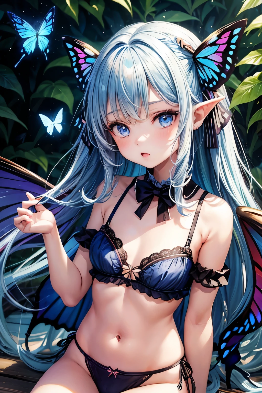  girl, lolita,Littlewith long blue hair, blue eyes, pointed ears, butterfly wings, Three point bra, briefs