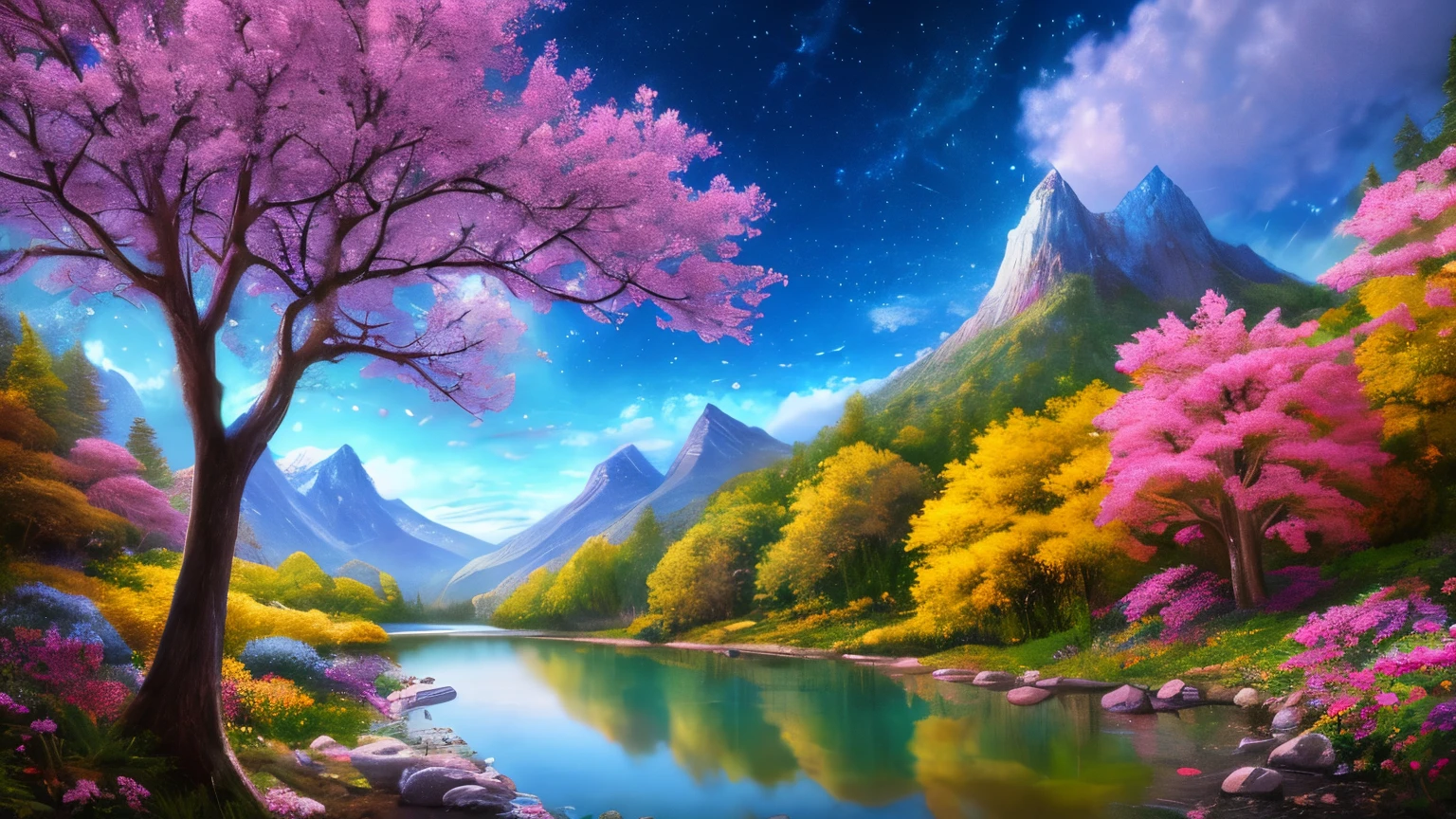 There is a hut under the big tree, beside of the stream, mountain background, , flowers beside fence, masterpiece, best quality, high quality, extremely detailed CG unity 8k wallpaper, An enchanting and dreamy scene of a fantasy forest, with towering trees, glowing mushrooms, and hidden fairy glens, creating a sense of mystique and enchantment, art station, digital illustration, intricate, trending, pastel colors, oil paiting, award winning painting, Bokeh, Depth of Field, HDR, bloom, Chromatic Aberration ,Hyper realistic ,extremely detailed, trending on art station, trending on CGsociety, Intricate, High Detail, dramatic, art by midjourney