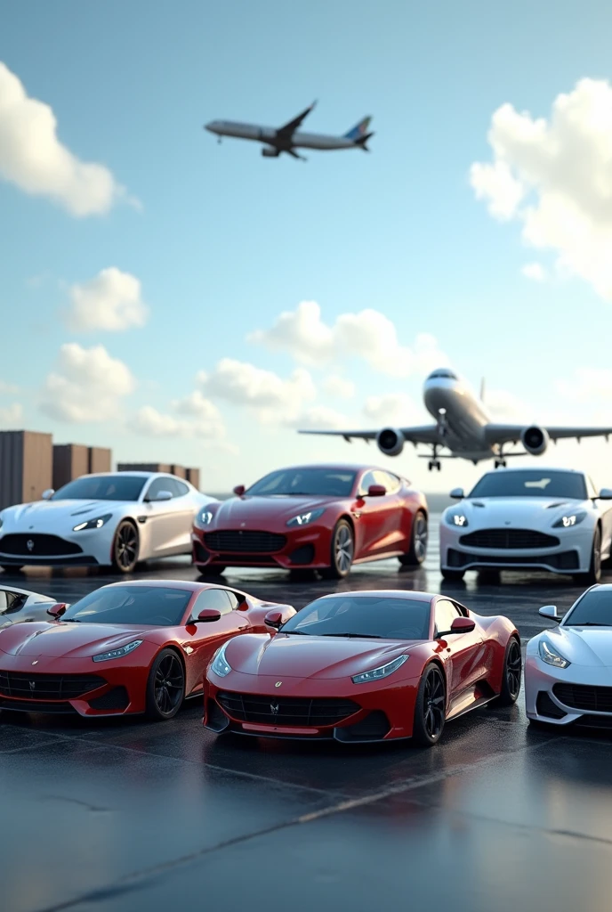 Hyper realistic image of five different type of cars parked side by side zoomed out ground level, cargo shipment behind them and one plane flying overhead