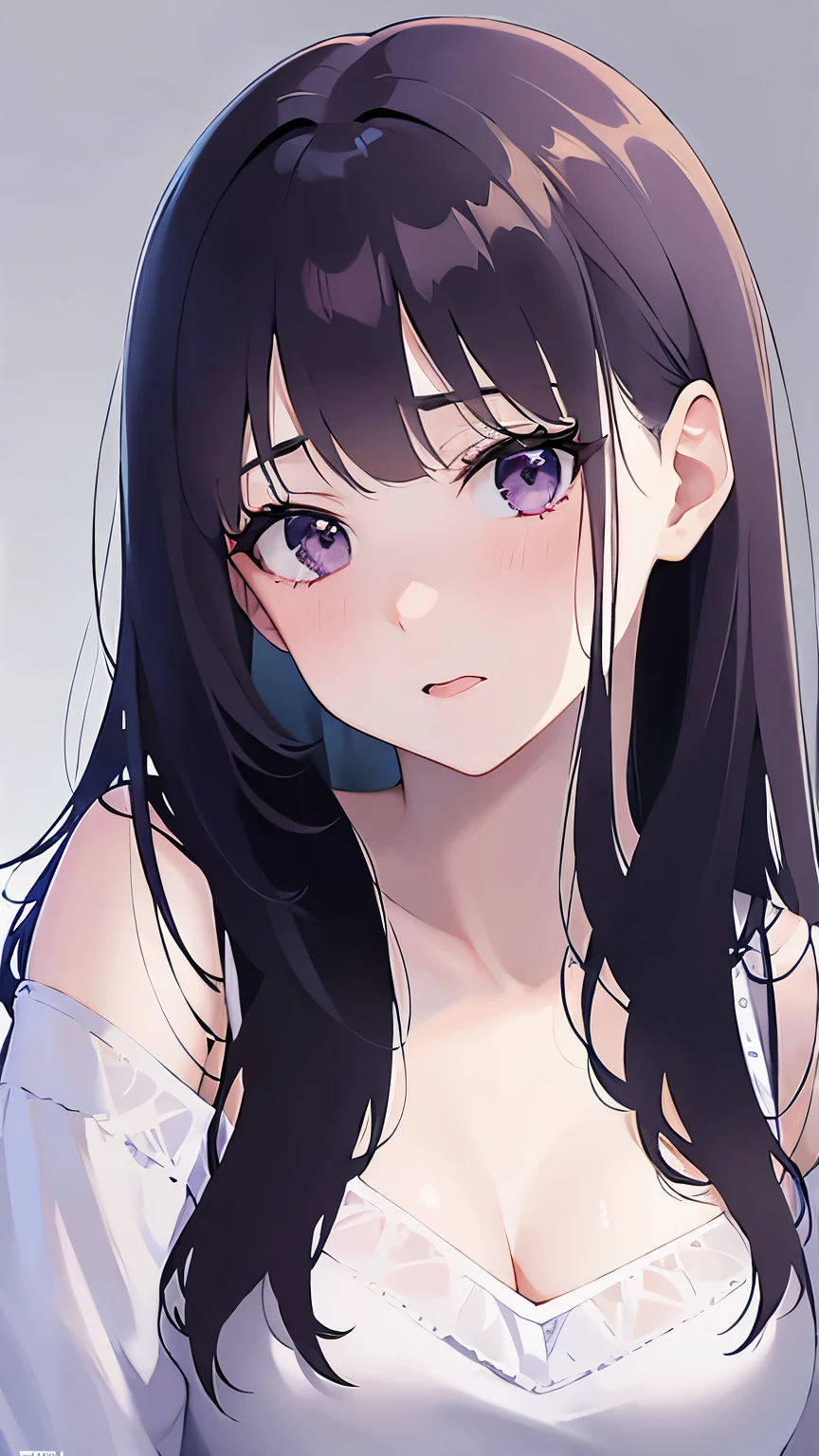 head tilt, hand on own face, Upper Body, Realistic, real person, (pale skin: 1.2), RAW photo, photorealistic, shiny skin, shiny hair、(A 25-year-old woman with straight hair and bangs) and (medium hair) and (black hair) and (purple eyes) , (white) and (off shoulder blouse) 、(embarrassed:1.5), white background、Alone、