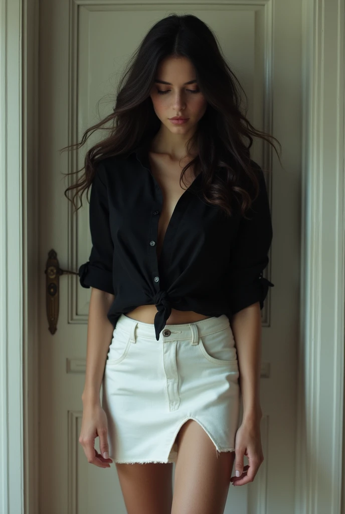 The image shows a young woman standing in front of a door wearing a black shirt and a white skirt.. She has black hair and is looking down. The image is a bit revealing.