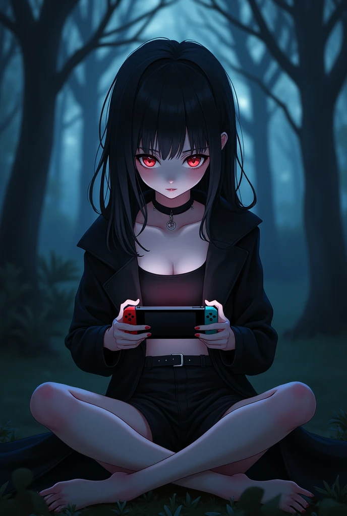 vampire anime girl wearing black crop top jacket sitting down playing a nintendo switch in a dark forest landscape view