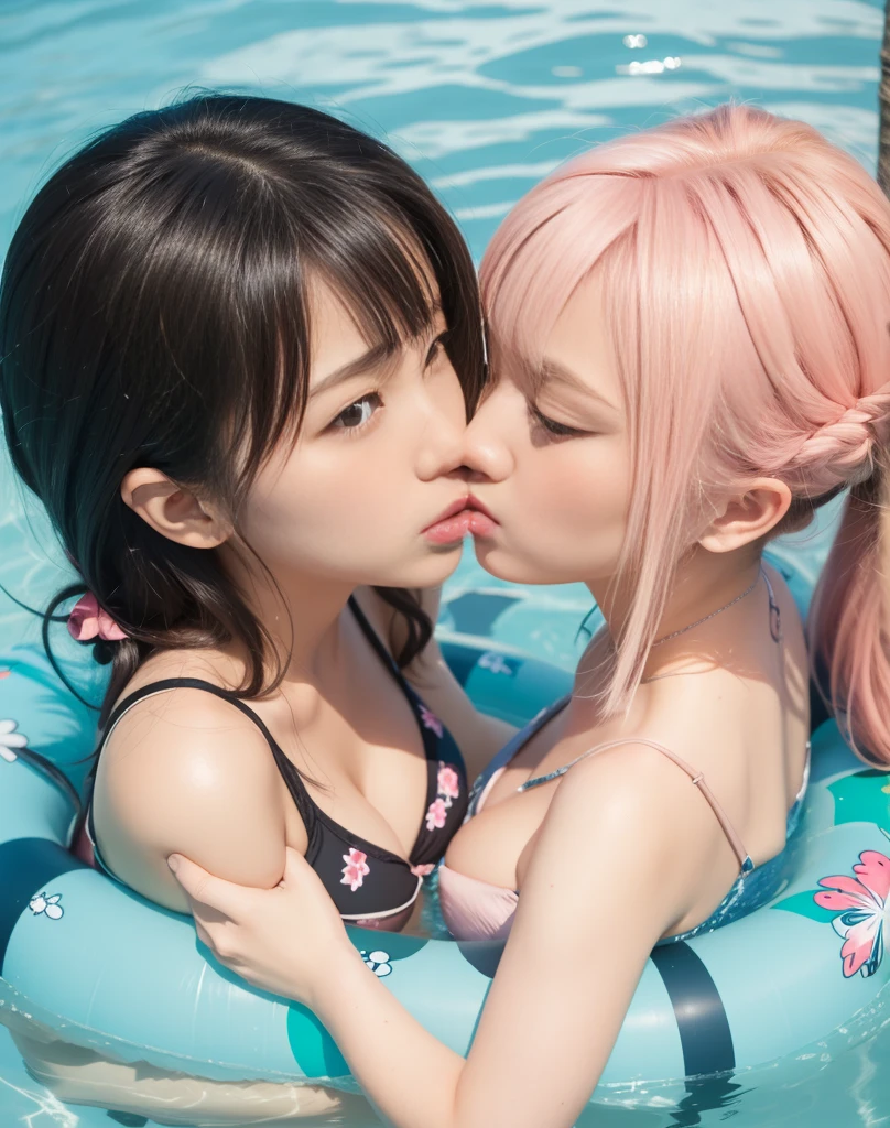 8k,masterpiece,Japanese,best quality, two girls, (kissing:1.3), bikini, (innertube1.7), reluctantly, (blush:1.8), (breasts:1.6)