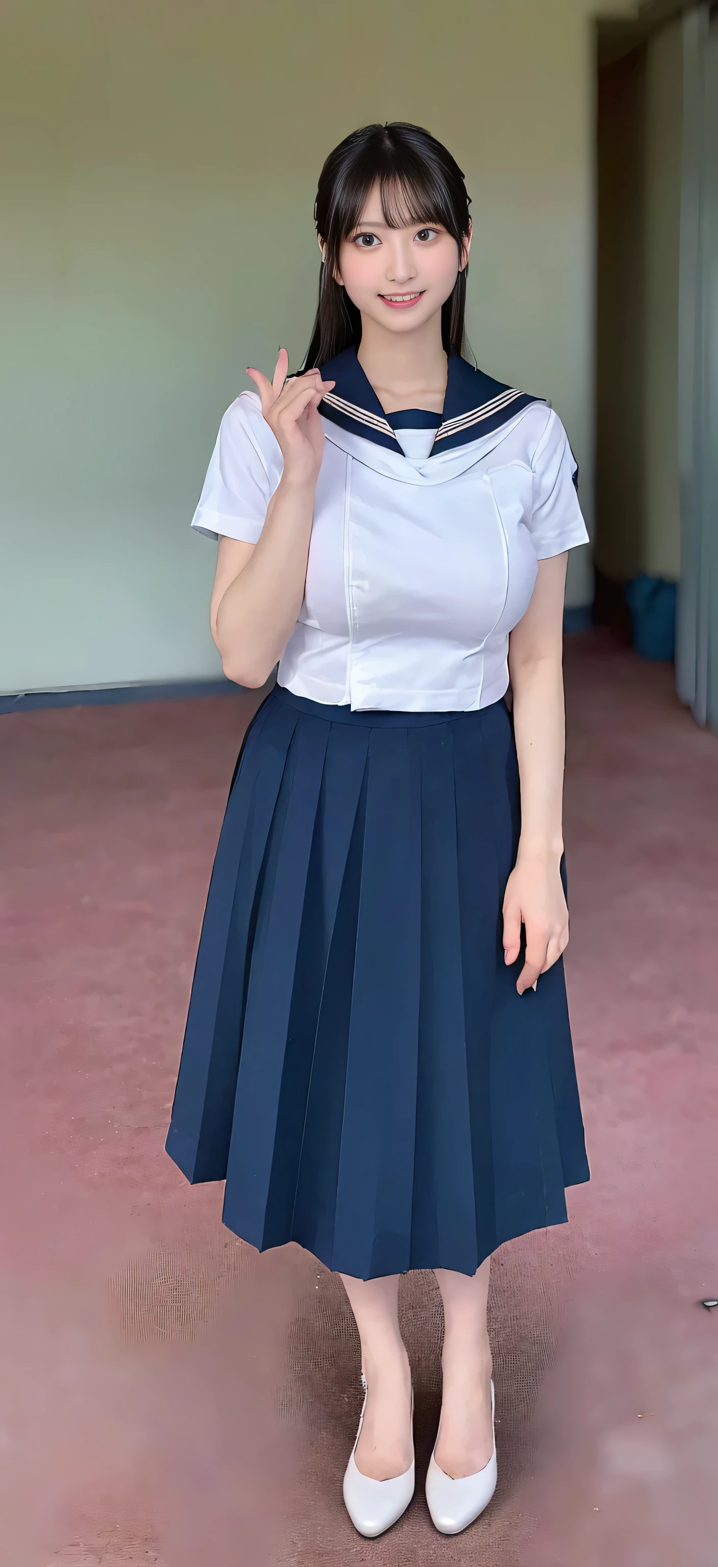 ((Highest quality:1.5))、(Happy expression:1.26)、RAW Photos、(((Ultimate beauty full body photo shoot:1.5)))、((Glowing Skin))、((1 girl)))、Beautiful 18-year-old girl from Tokyo、((18-year-old))、((Height: 155cm))、young、Young Face、、Bright Eyes、Detailed face、Fascinating、(((A body as voluptuous as an adult)))、Waistline、belly button、Exposing the belly button、Small shoulders、Thin arms、Long legs、((Black Hair、Shortcuts:1.45))、skirt、(White socks:1.2)、((Sailor suit、Mini skirt:1.5))、Spread your legs、(((Sit on a chair with your legs wide open:1.75)))、(Micro Skirt、high waist)、((Lift up your skirt to show your panties:1.5))、skirt lift、((Low Angle:1.0))、((Very detailedな))、(Perfectly detailed face)、(Detailed hands) 、(finger details)、(Excellent anatomy)、Photorealistic image masterpiece、最High resolution、Very detailedな、Film Light、Intricate details、High resolution、Very detailed))、Detailed Background、8 time、Digital single-lens reflex camera、Soft Light、High resolution、Film Grain、Fujifilm XT3、Shallow depth of field、Natural soft light、god々、classroom、School Machine、Chair、blackboard、((High heels)), ((Extremely obscene and extremely huge breasts bigger than her face:1.75)), ((((Extremely accurate anatomy))))