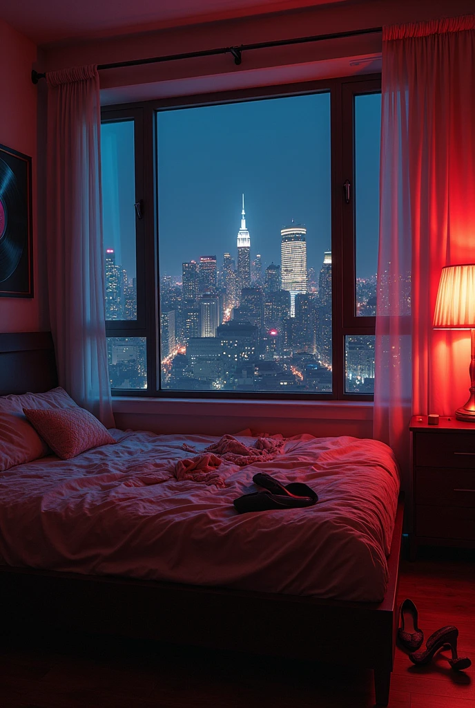 Very realistic image of a bed and a view of a city with many lights, more realistic and human, where the bed is messy with heels on the floor and panties on the bed, no people in the room, just the objects, take the whole room, red lights and some smoke,  with a platinum record on the wall, like a slutty image from a very real music album and smoke 
