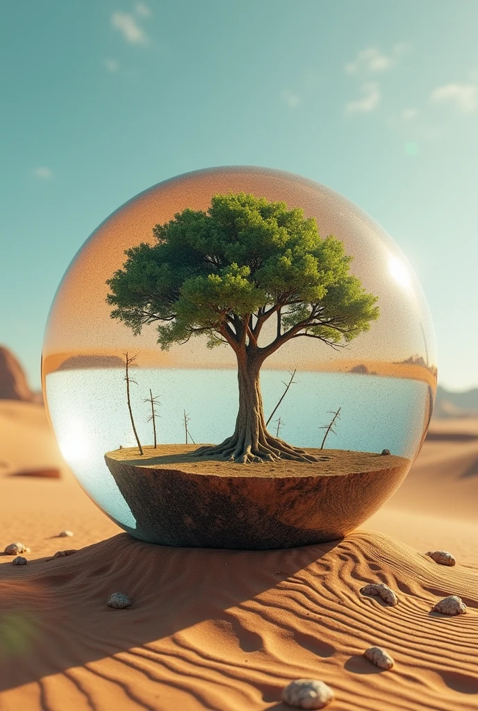 A scratched image of a tree inside a crystal ball in a desert landscape, tree of life inside the ball, surreal digital artwork, Surrealism 8k, surreal digital art, surreal art, surreal 3 d render, 3d rendering digital art, Marcos Adams, Surreal conceptual art, 3D rendering beep, Stylized digital art, 4 k surrealism