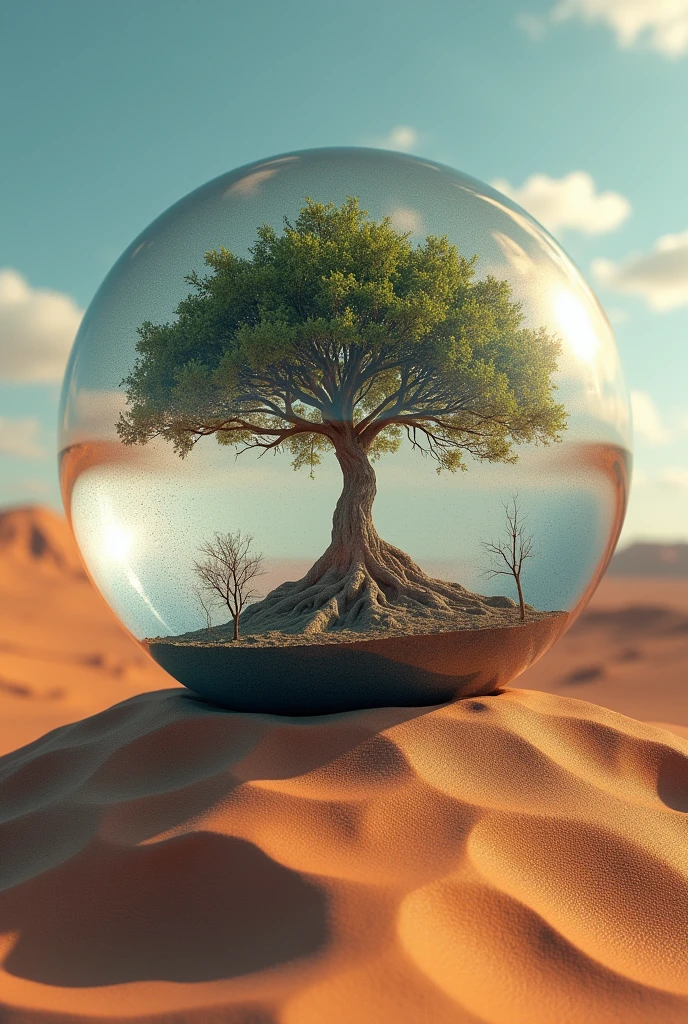 A scratched image of a tree inside a crystal ball in a desert landscape, tree of life inside the ball, surreal digital artwork, Surrealism 8k, surreal digital art, surreal art, surreal 3 d render, 3d rendering digital art, Marcos Adams, Surreal conceptual art, 3D rendering beep, Stylized digital art, 4 k surrealism