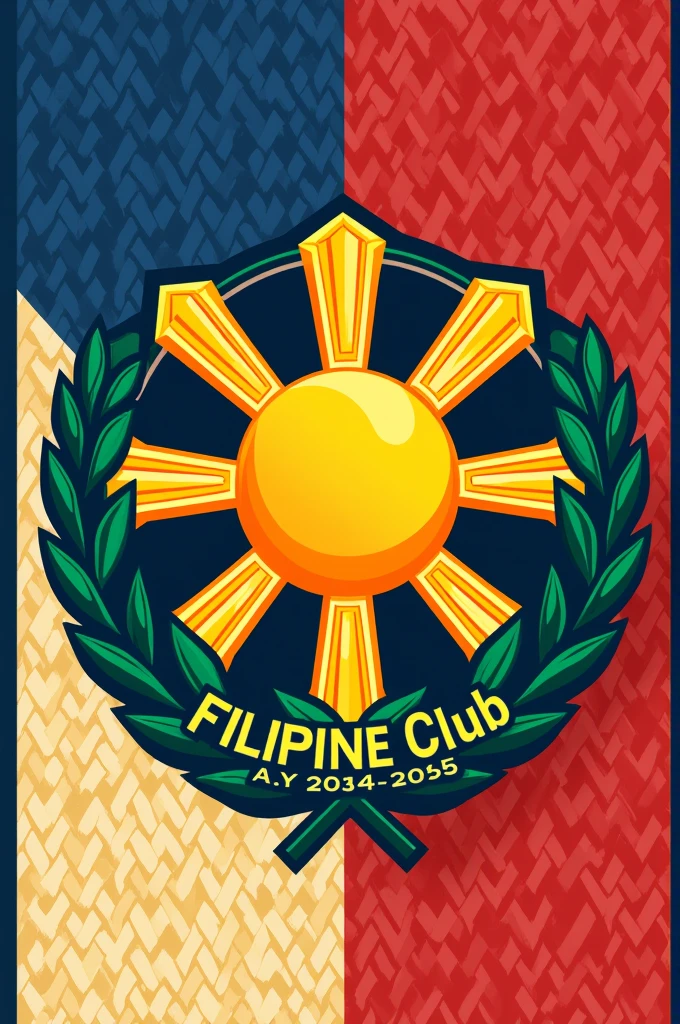 Design a logo for a Filipino club incorporating the following elements: A stylized sun with eight rays, representing the first provinces that revolted against Spanish rule. Use a bright yellow with clean, geometric lines for the sun. Surround the sun with a laurel wreath in deep green, symbolizing honor. Integrate subtle woven patterns or textures in the background using shades of blue and red. Incorporate yellow, blue, red, and white to reflect the colors of the Philippine flag. Include the club’s name Filipino Club A.Y 2024 - 2025 beneath or around the sun in a modern, clean font. Use deep blue or dark red for the text to ensure it stands out against the vibrant background.
