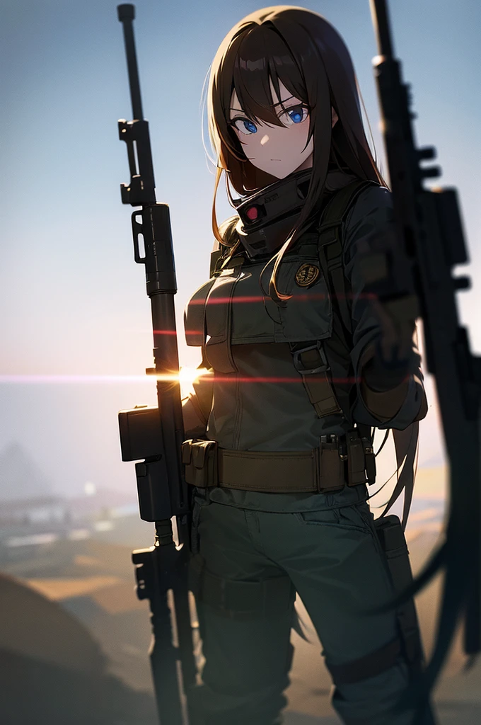 In the spotlight, holding_gun, assault_rifle, Very detailed, Brown Hair, Long Hair, Anime Style, whole body, alone, Stylish Gunfighter Girl, Holding a steampunk long barrel pistol,Standing in the wasteland, 8K high resolution, White Background, The background is a dark and desolate landscape, Horror movie atmosphere. Her figure is very beautiful, Emphasizing the dark and crazy elements. Skillfully expressing the effects of light and shadow, Anime girls with guns and rifles, from Girls' Frontline, mechanized soldier girl, Girls' Frontline style