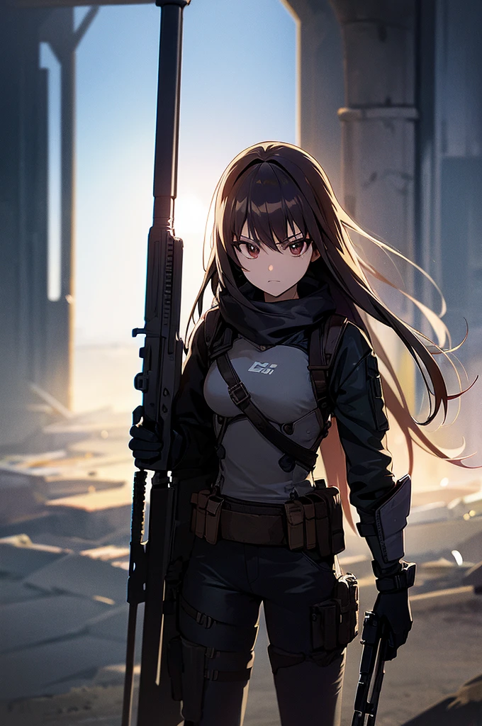 In the spotlight, holding_gun, assault_rifle, Very detailed, Brown Hair, Long Hair, Anime Style, whole body, alone, Stylish Gunfighter Girl, Holding a steampunk long barrel pistol,Standing in the wasteland, 8K high resolution, White Background, The background is a dark and desolate landscape, Horror movie atmosphere. Her figure is very beautiful, Emphasizing the dark and crazy elements. Skillfully expressing the effects of light and shadow, Anime girls with guns and rifles, from Girls&#39; Frontline, mechanized soldier girl, Girls&#39; Frontline style