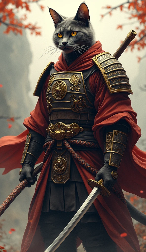 there is a cat that is dressed in a samurai outfit, samurai cat, walking pose, anthropomorphic cat ninja, cat warrior, cat the assassin, ninja cat, inspired by Miao Fu, tabaxi monk, samurai, samurai style, awesome cat, samurai warrior, as samurai, ross tran 8 k, samurai jedi, god of cats, amazing wallpaper, japanese warrior