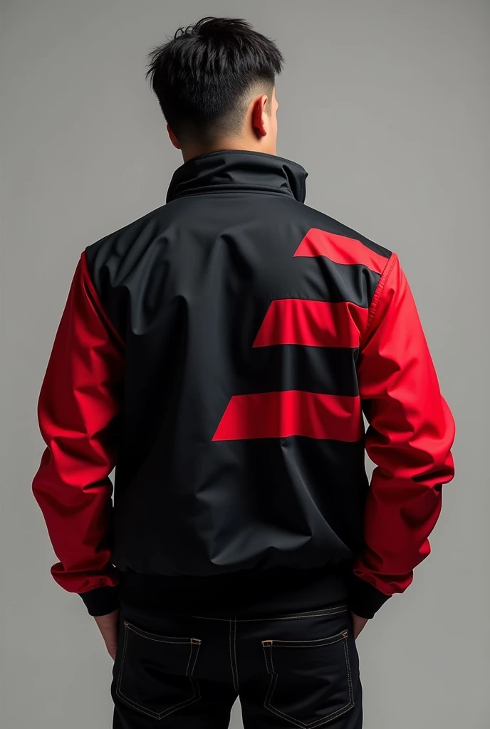 Jacket. Black body red arm. Malaysia logo abstract flag. The logo is Malaysia flag color. The logo is on of top right shoulder
