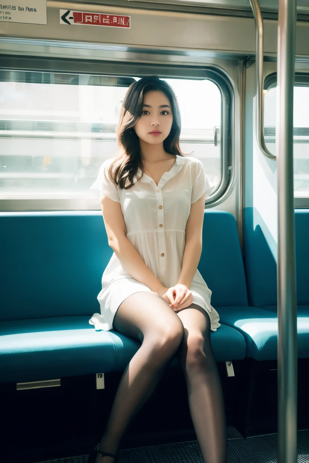 (masterpiece, Highest quality, 8k, RAW Photos, beautifully、beautiful:1.2),  Intricate details, indirect lighting, Realistic,
whole body, Sitting on a chair on the train、Gazing at the audience、Voyeur、Photographed from directly in front、Inner thigh focus、
 Square neck button-down linen sundress, (Ultra-realistic pantyhose)、
 Women&#39;s training , Chair to sit under skirt,