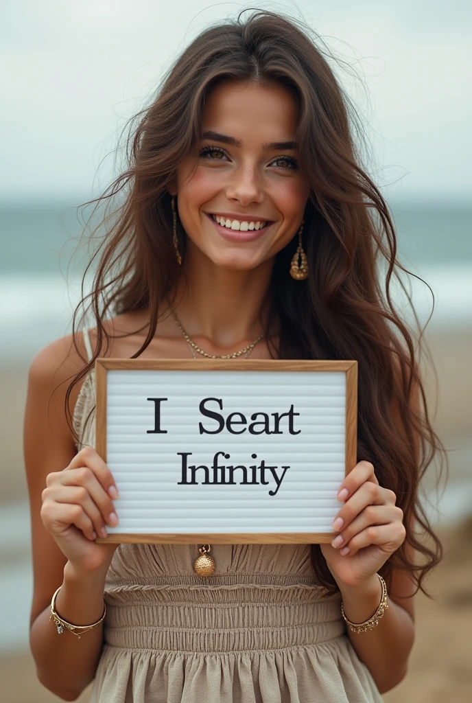 Beautiful girl with wavy long hair, bohemian dress, holding a white board with text "I Love Seaart Infinity" and showing it to the viewer