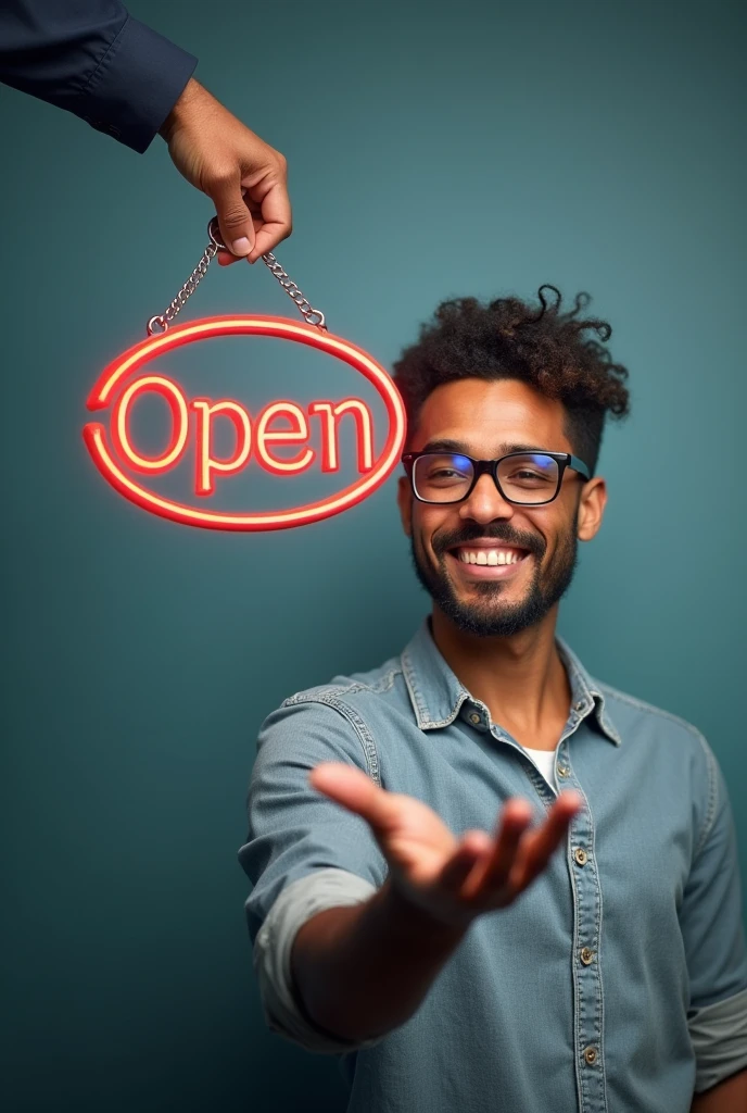 A motivational image of an entrepreneur smiling next to an "Open" logo or a key in hand, symbolizing the opening of a new business